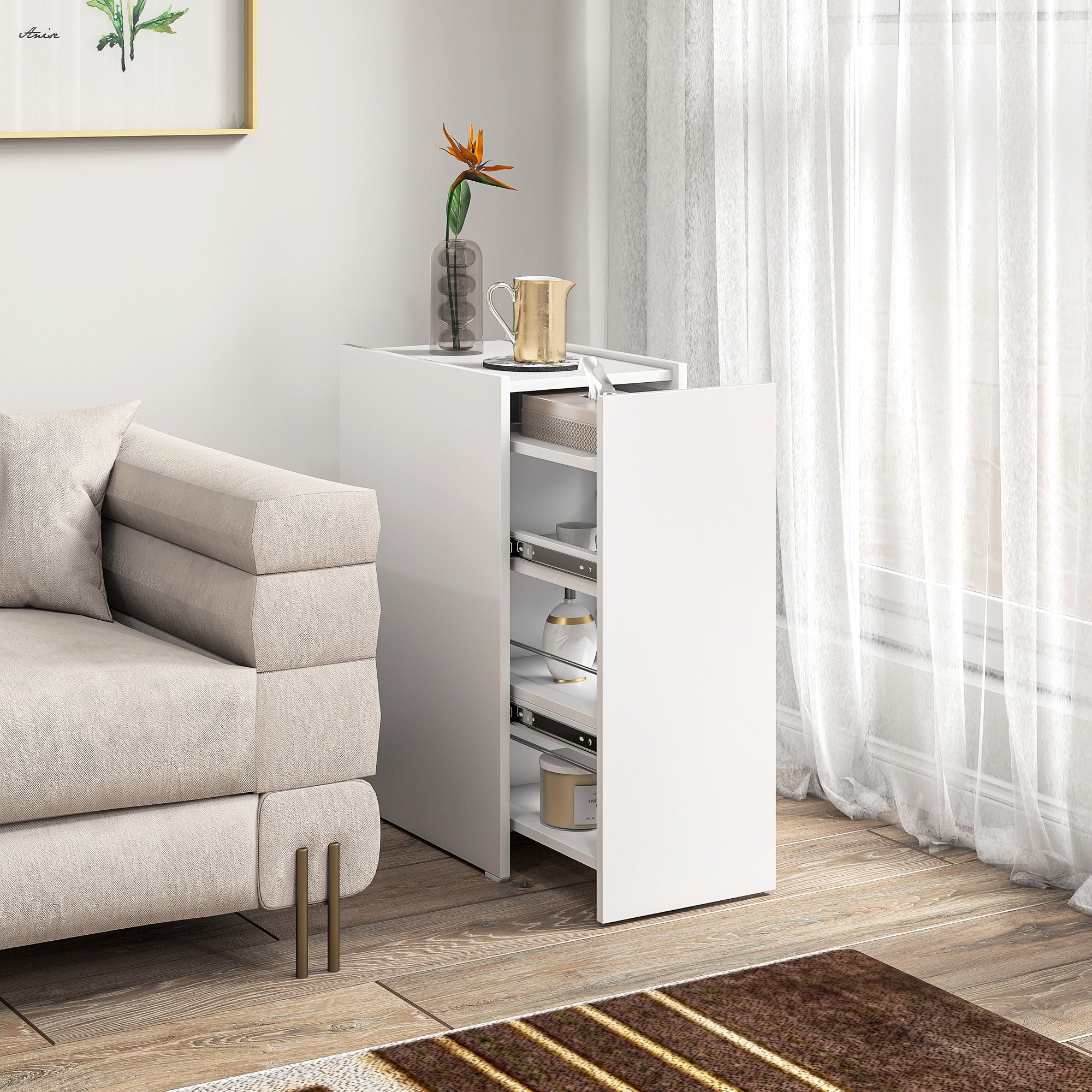 Narrow Bathroom Cabinet with Sliding Drawer and Wheels Bathroom Furniture with 3 Compartments Small Space Auxiliary Furniture 47x30x66.5 cm White