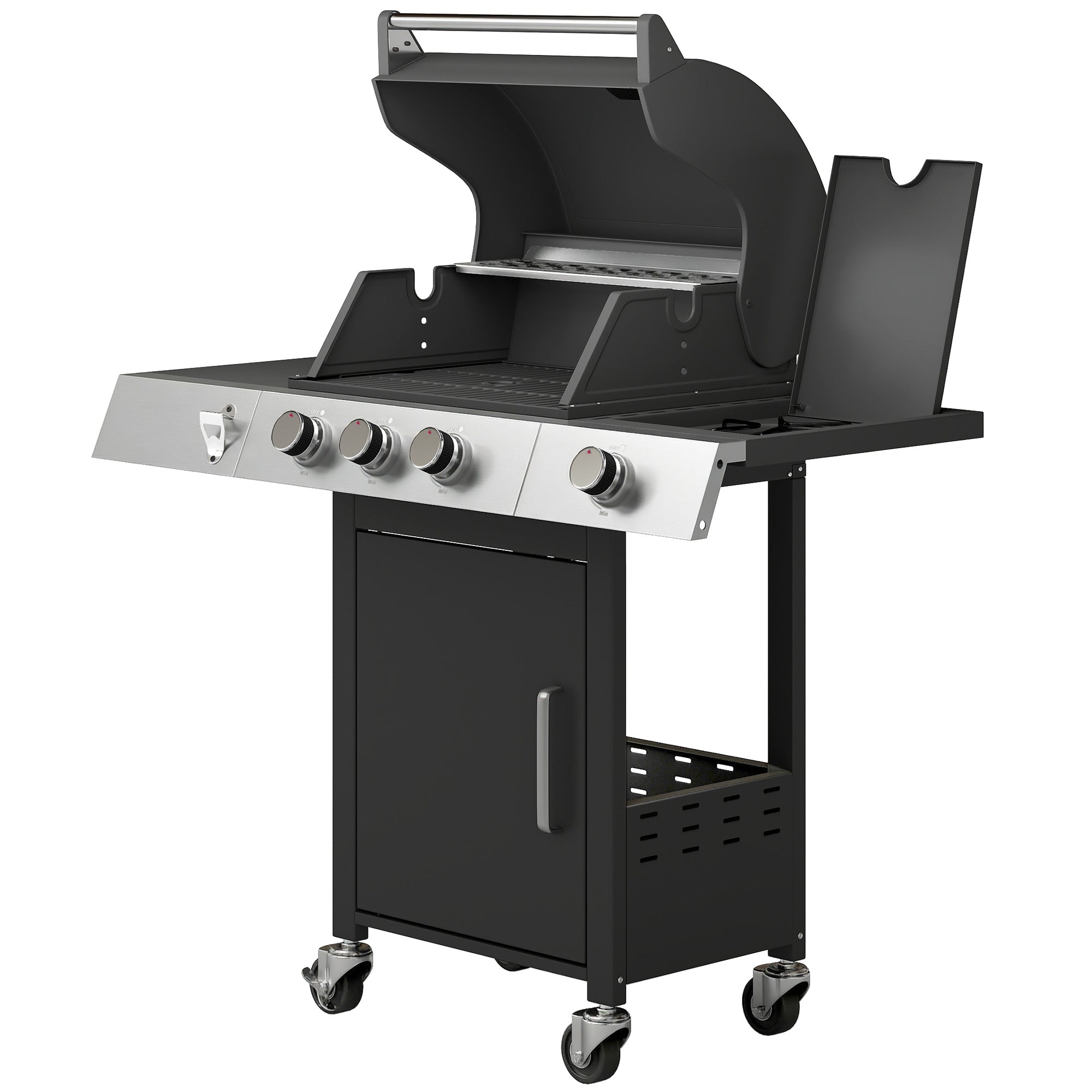 10.5 kW 3+1-Burner Propane Gas Grill Cart, Stainless Steel — Side Burner, Bottle Opener, Thermometer, Cast-Iron Grates, Warming Rack, Wheels, Side Shelves & Cabinet — Ideal for Balcony & Parties