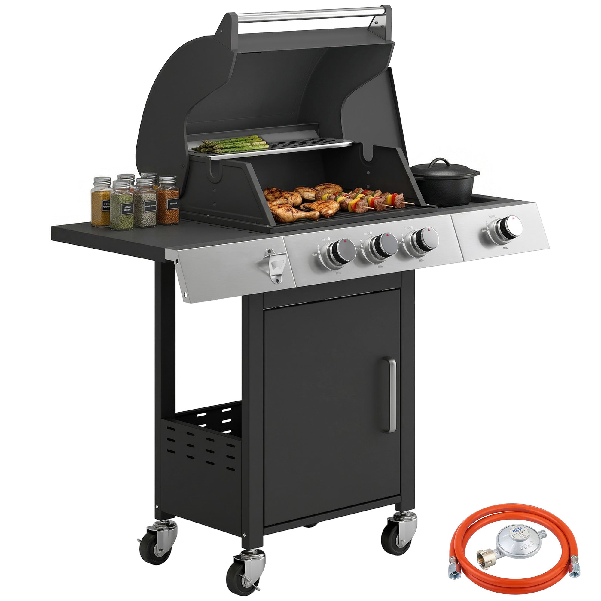 10.5 kW 3+1-Burner Propane Gas Grill Cart, Stainless Steel — Side Burner, Bottle Opener, Thermometer, Cast-Iron Grates, Warming Rack, Wheels, Side Shelves & Cabinet — Ideal for Balcony & Parties