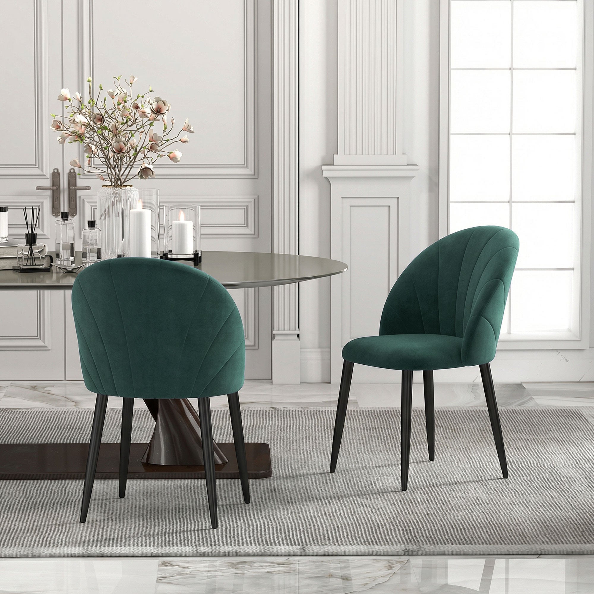 Set of 2 Dark Green Velvet Dining Chairs — Padded Armless Side Chairs with Steel Legs