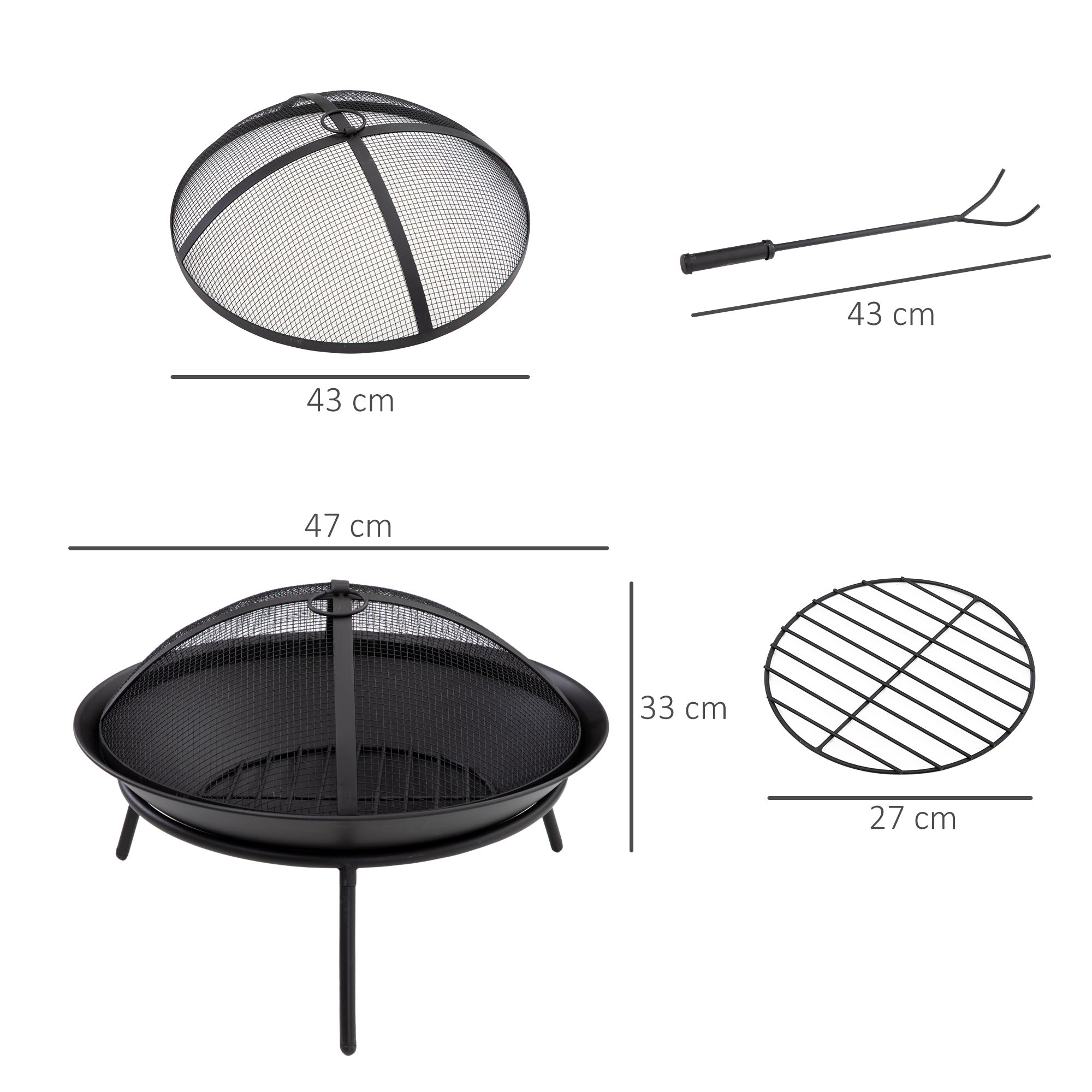 Outdoor Fire Pit Metal Fire Bowl with Spark Screen and Poker for Garden Patio Camping Ø47x33 cm Black