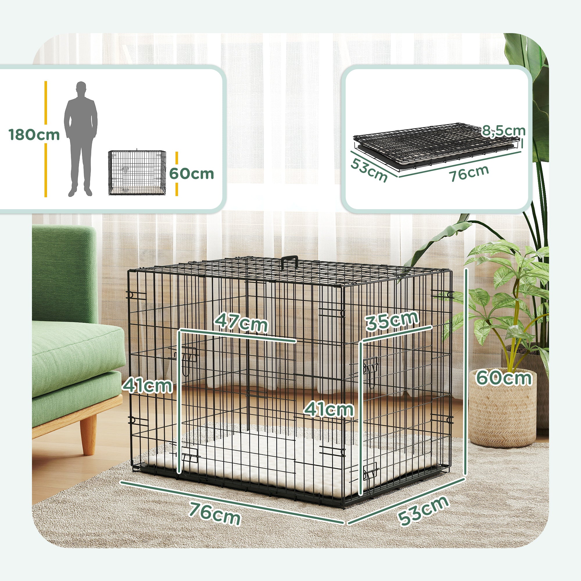 Dog Cage, Foldable Dog Transport Crate with 2 Doors, Removable Tray, Washable Soft Cushion, Steel Frame, 76 x 53 x 60 cm, Black