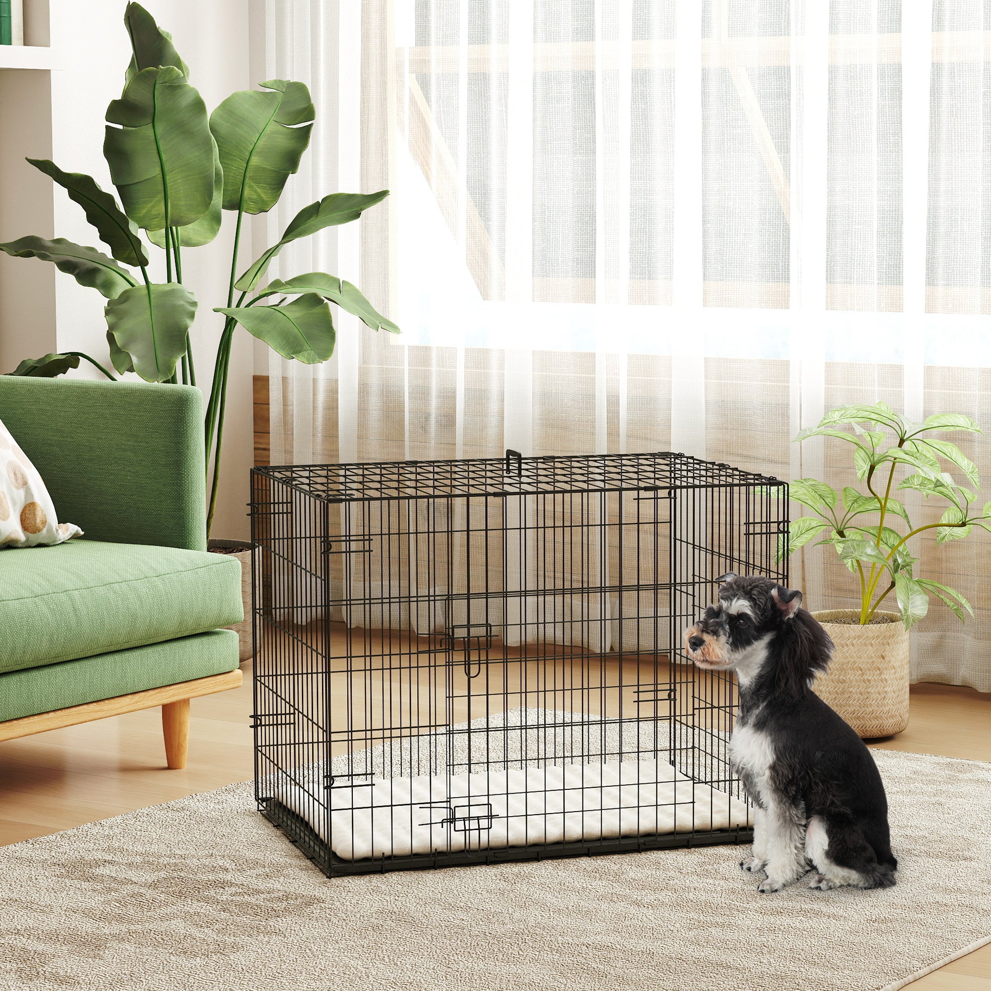 Dog Cage, Foldable Dog Transport Crate with 2 Doors, Removable Tray, Washable Soft Cushion, Steel Frame, 76 x 53 x 60 cm, Black
