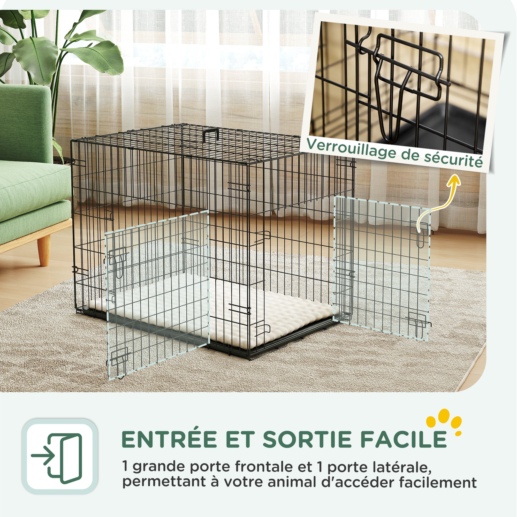 Dog Cage, Foldable Dog Transport Crate with 2 Doors, Removable Tray, Washable Soft Cushion, Steel Frame, 76 x 53 x 60 cm, Black