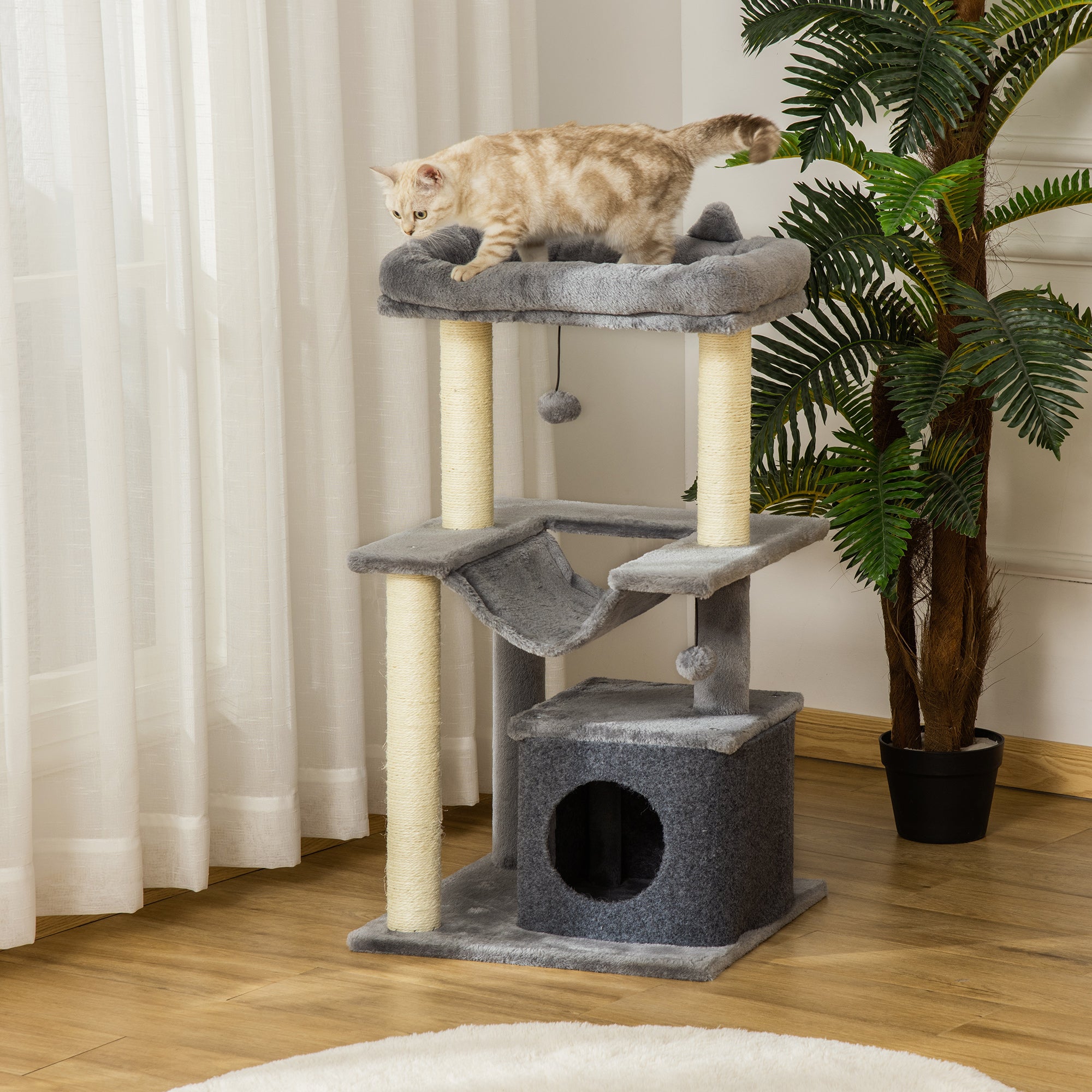 Cat Tree 90 cm Scratching Post with Hammock Play Tree Cat Cave Platforms Climbing Tree Cat Scratching Post Activity Tree Plush Sisal Gray