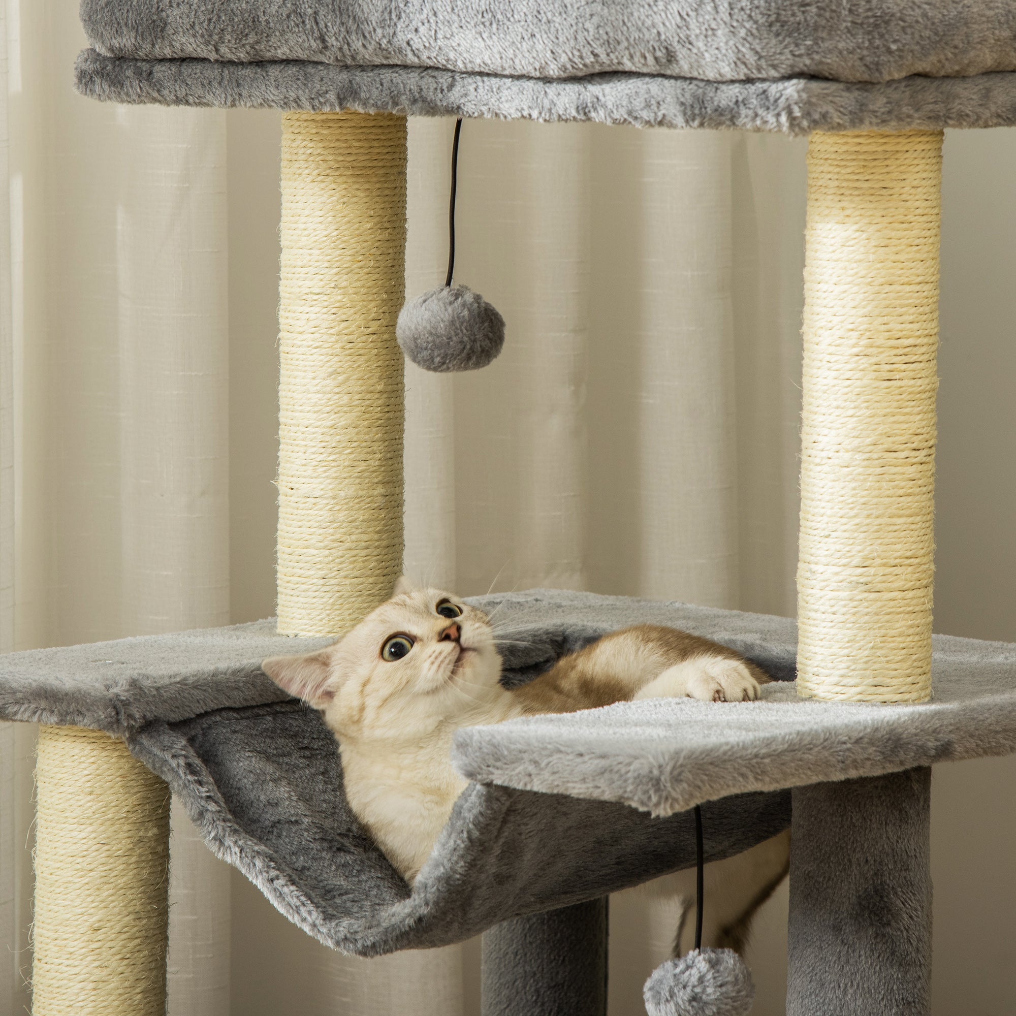 Cat Tree 90 cm Scratching Post with Hammock Play Tree Cat Cave Platforms Climbing Tree Cat Scratching Post Activity Tree Plush Sisal Gray