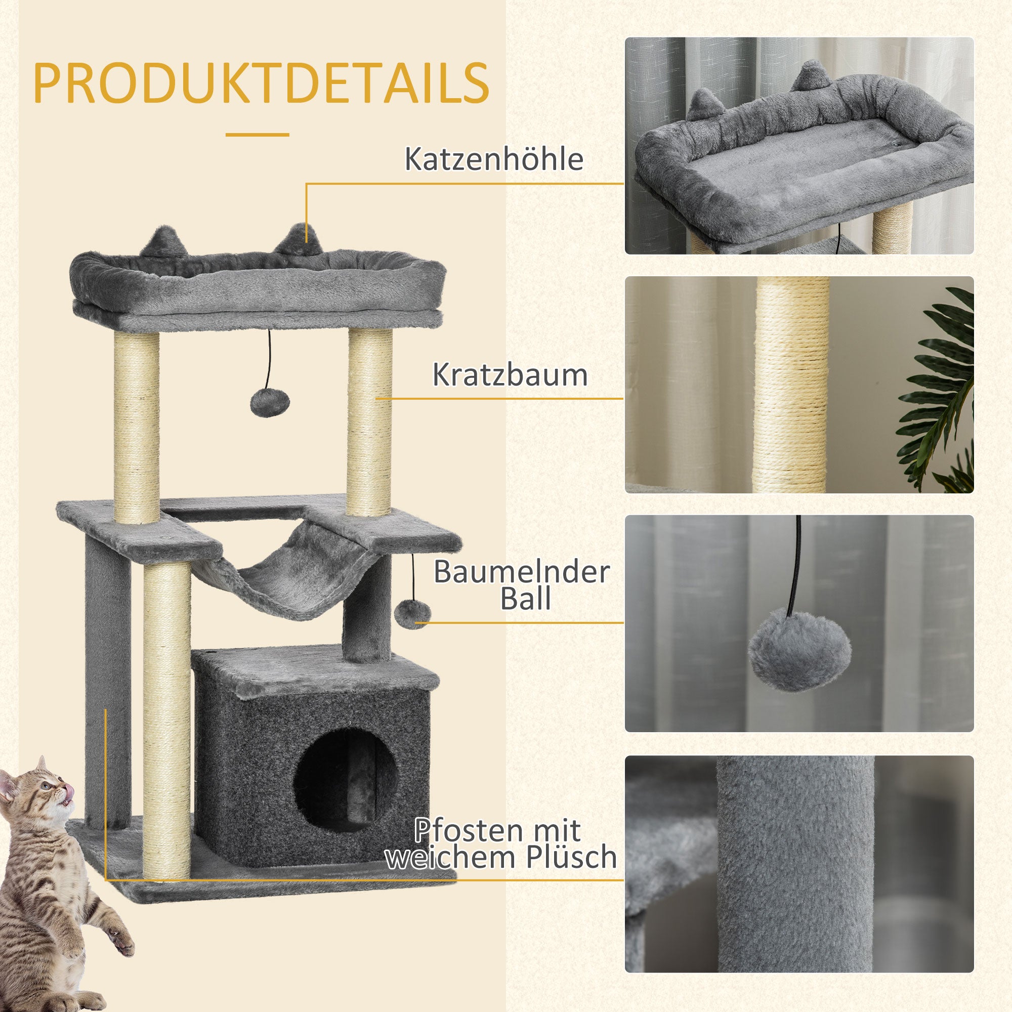 Cat Tree 90 cm Scratching Post with Hammock Play Tree Cat Cave Platforms Climbing Tree Cat Scratching Post Activity Tree Plush Sisal Gray