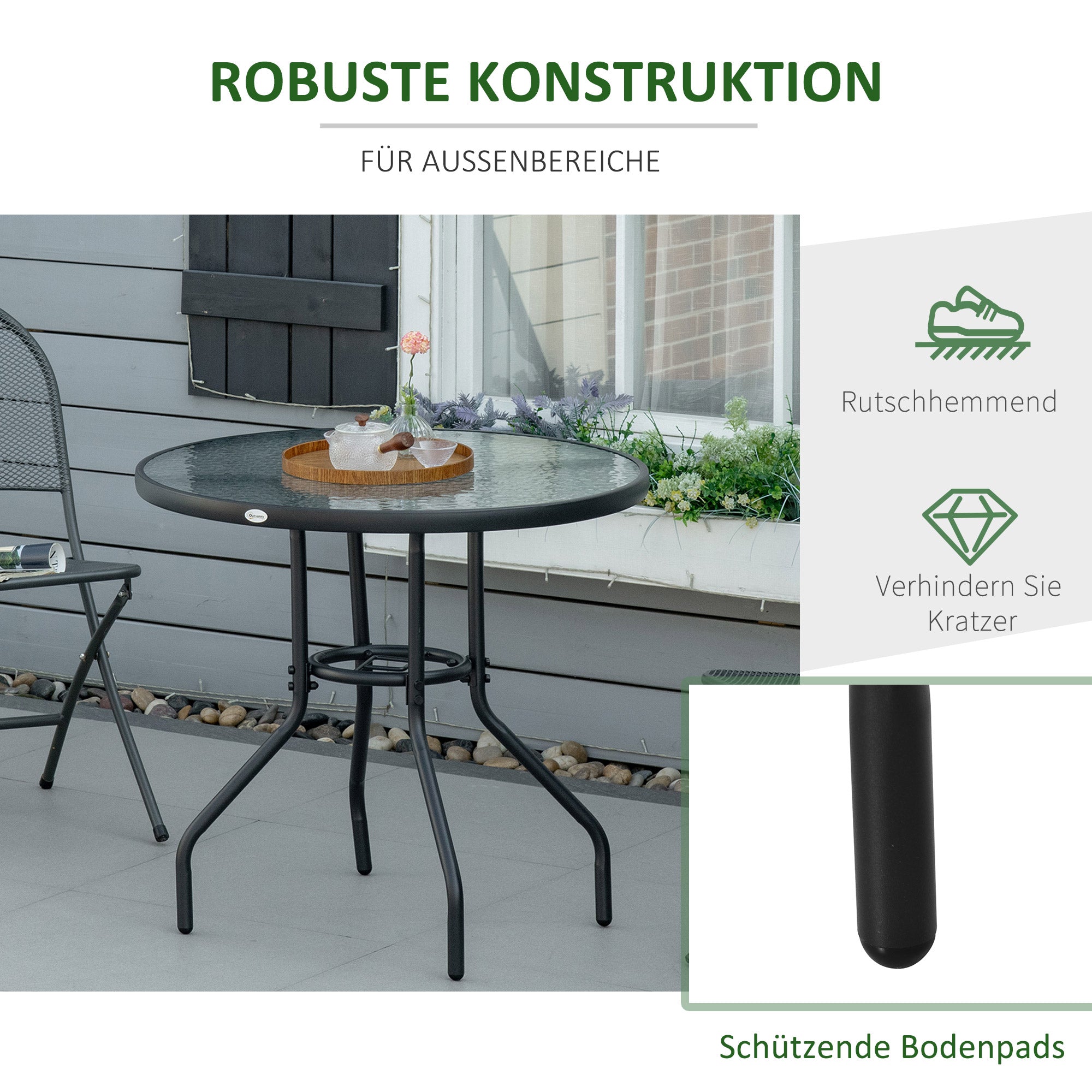 Garden Table Patio Side Table Outdoor Furniture Balcony Table Bistro Table with Umbrella Hole Tempered Glass + Metal Black Ø80 x 72 cm