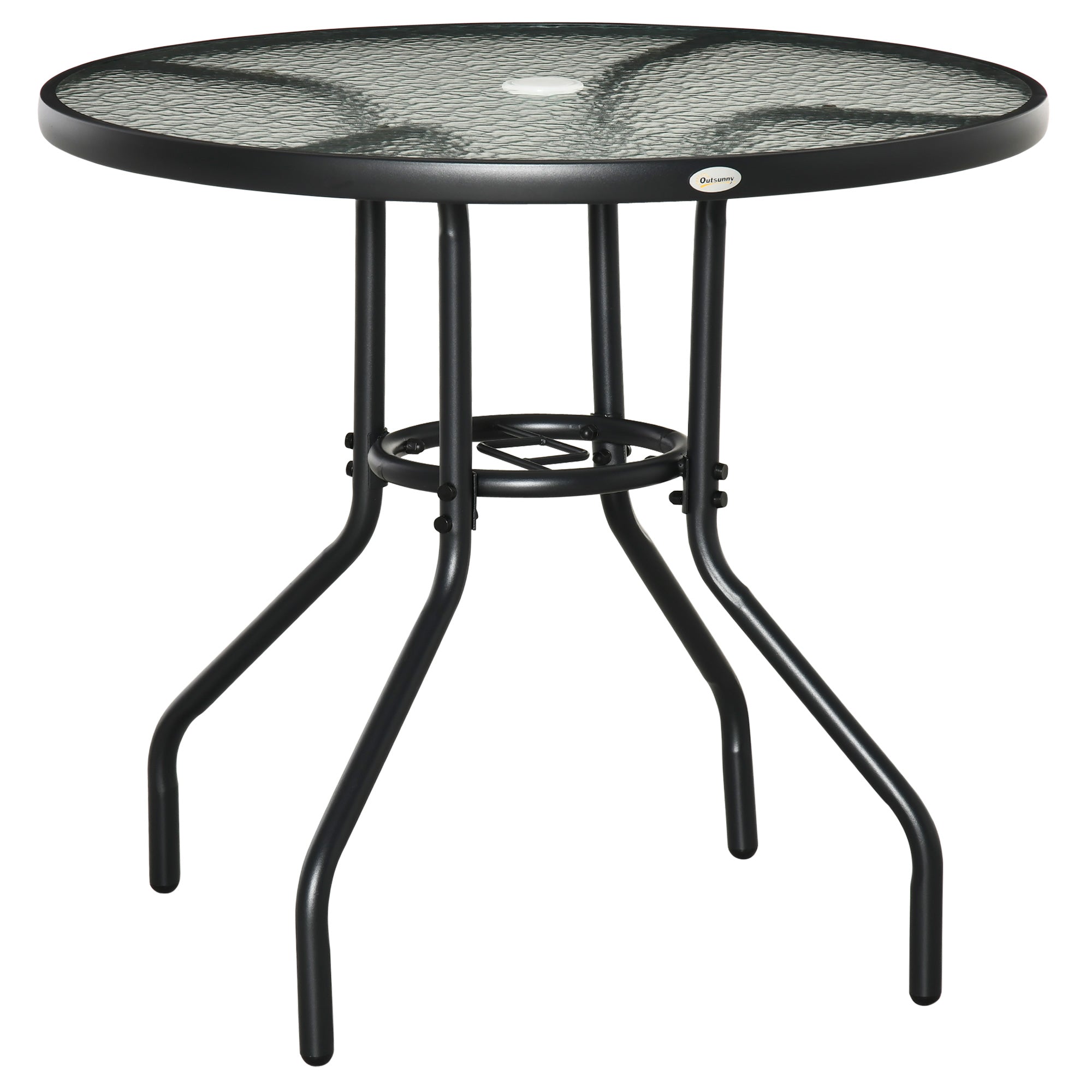 Garden Table Patio Side Table Outdoor Furniture Balcony Table Bistro Table with Umbrella Hole Tempered Glass + Metal Black Ø80 x 72 cm
