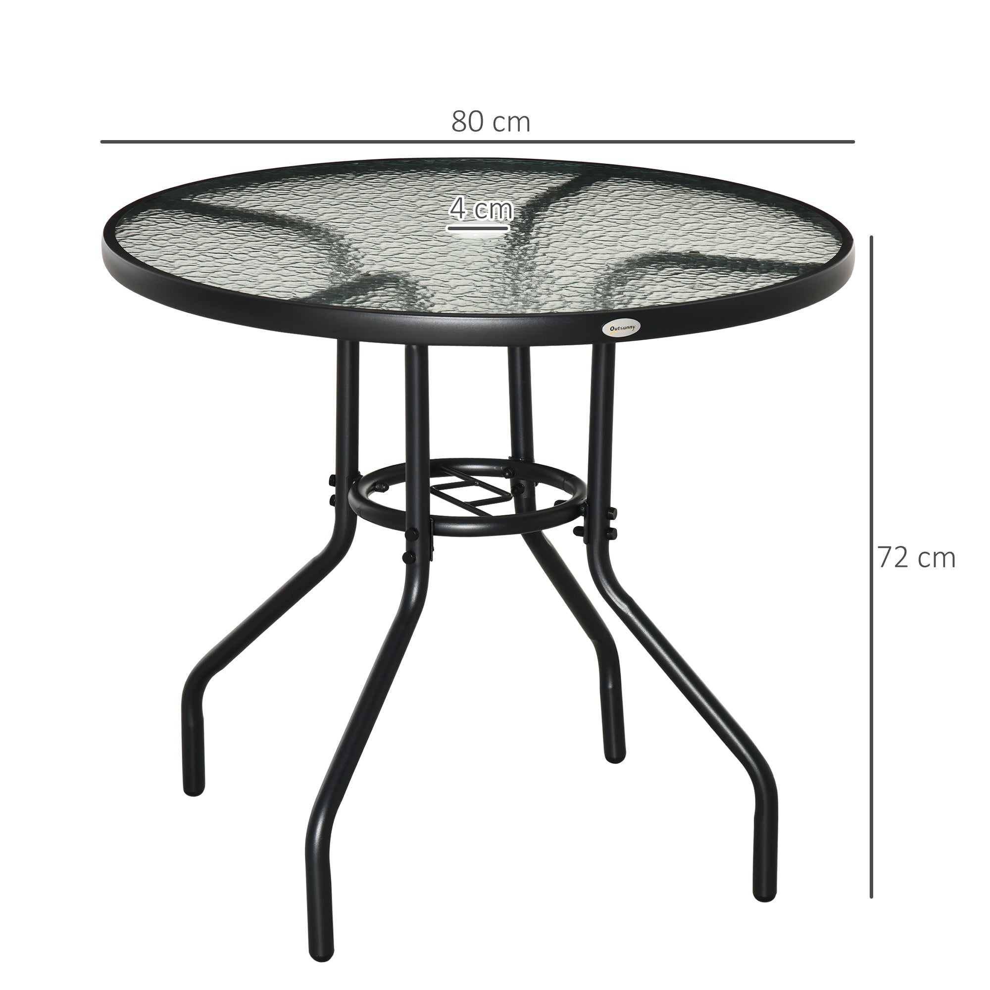 Garden Table Patio Side Table Outdoor Furniture Balcony Table Bistro Table with Umbrella Hole Tempered Glass + Metal Black Ø80 x 72 cm