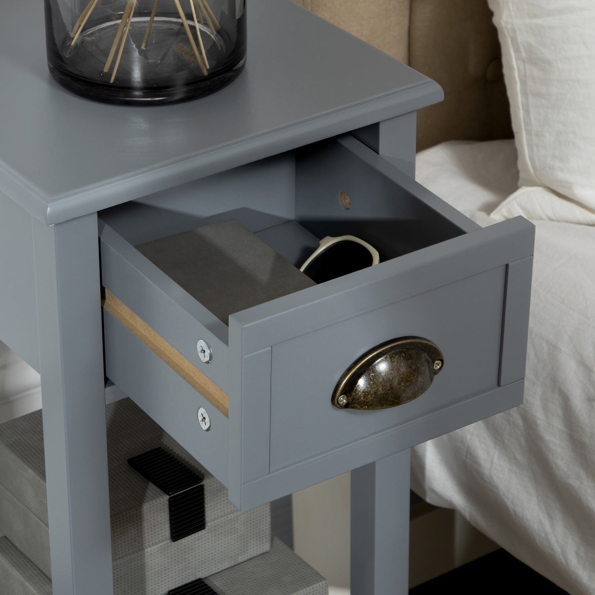 Modern Style Side Table with Drawer and Storage Shelf Nightstand for Living Room Bedroom 30x30x75 cm Gray