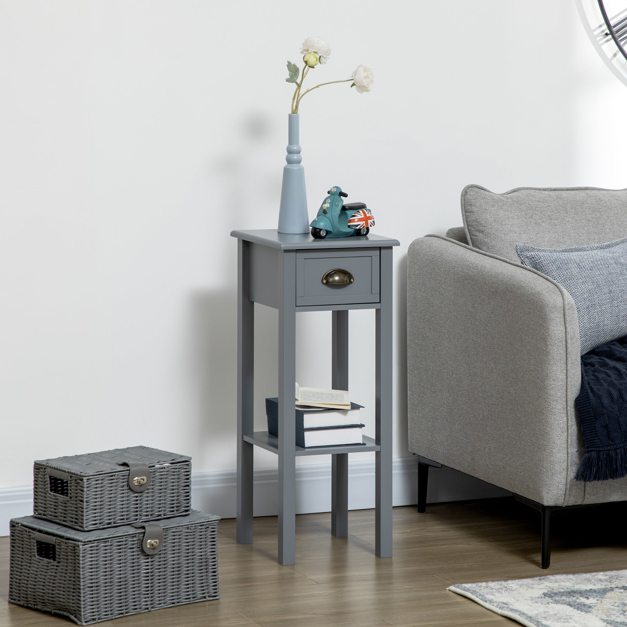 Modern Style Side Table with Drawer and Storage Shelf Nightstand for Living Room Bedroom 30x30x75 cm Gray