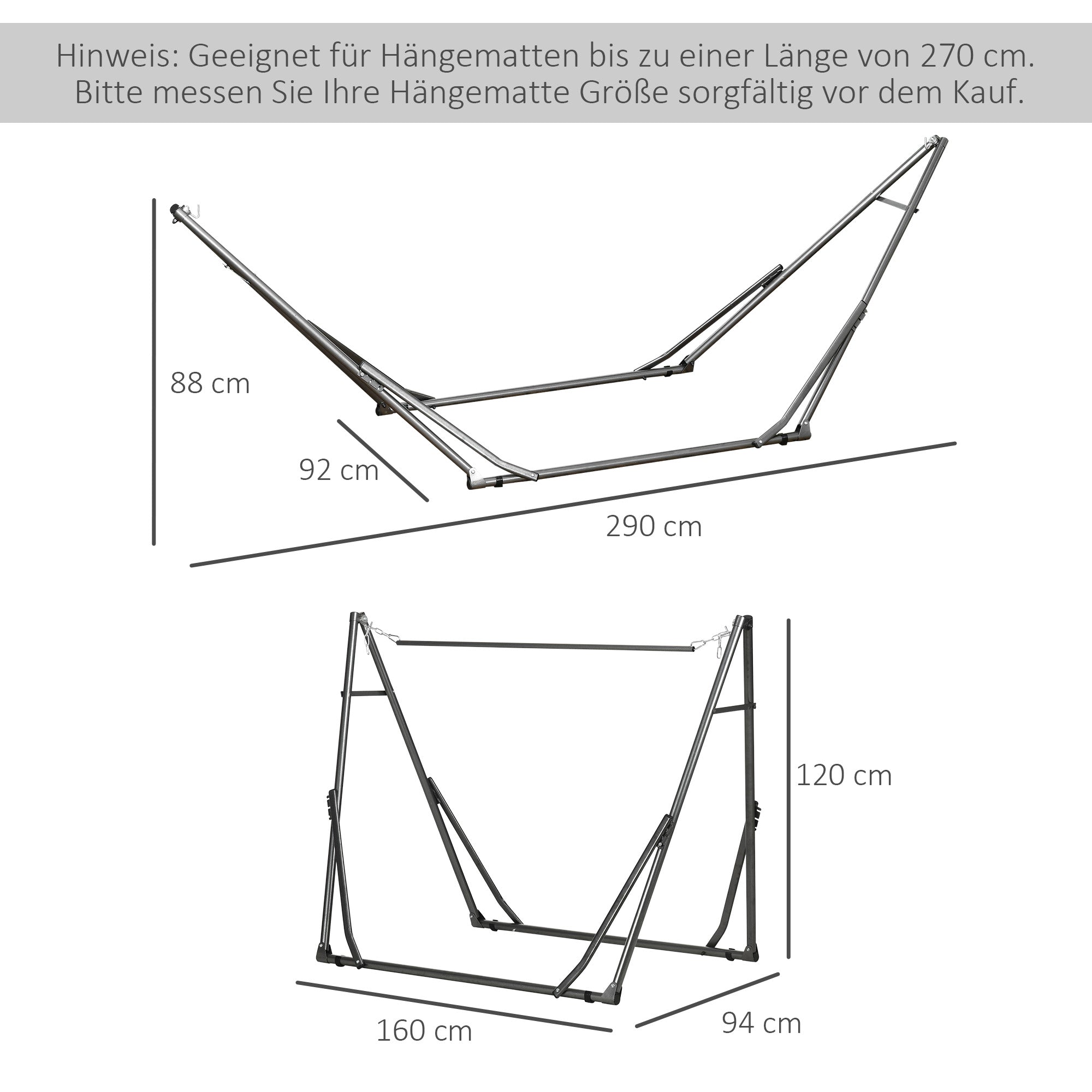 Hammock Stand for Hammock, Foldable 2-in-1 Hammock Stand, Clothes Rack for Patio, Garden, Yard, Supports up to 120kg, Steel, 290 x 92 x 88cm