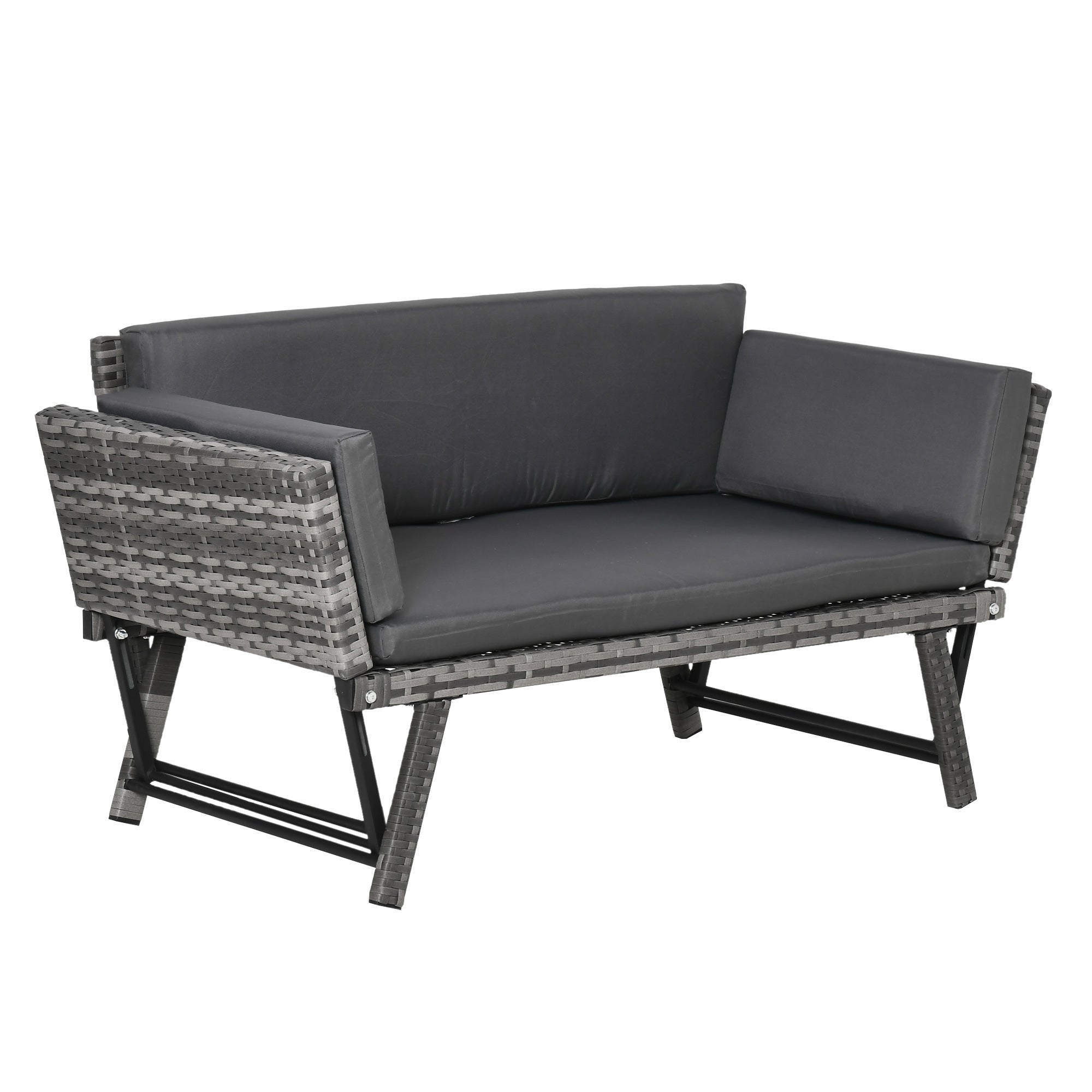 Poly Rattan Garden Sofa 2 Seater Outdoor Furniture Lounge Sofa Garden Bench Lounger with Foldable Armrests Steel Grey 129 x 63 x 67 cm