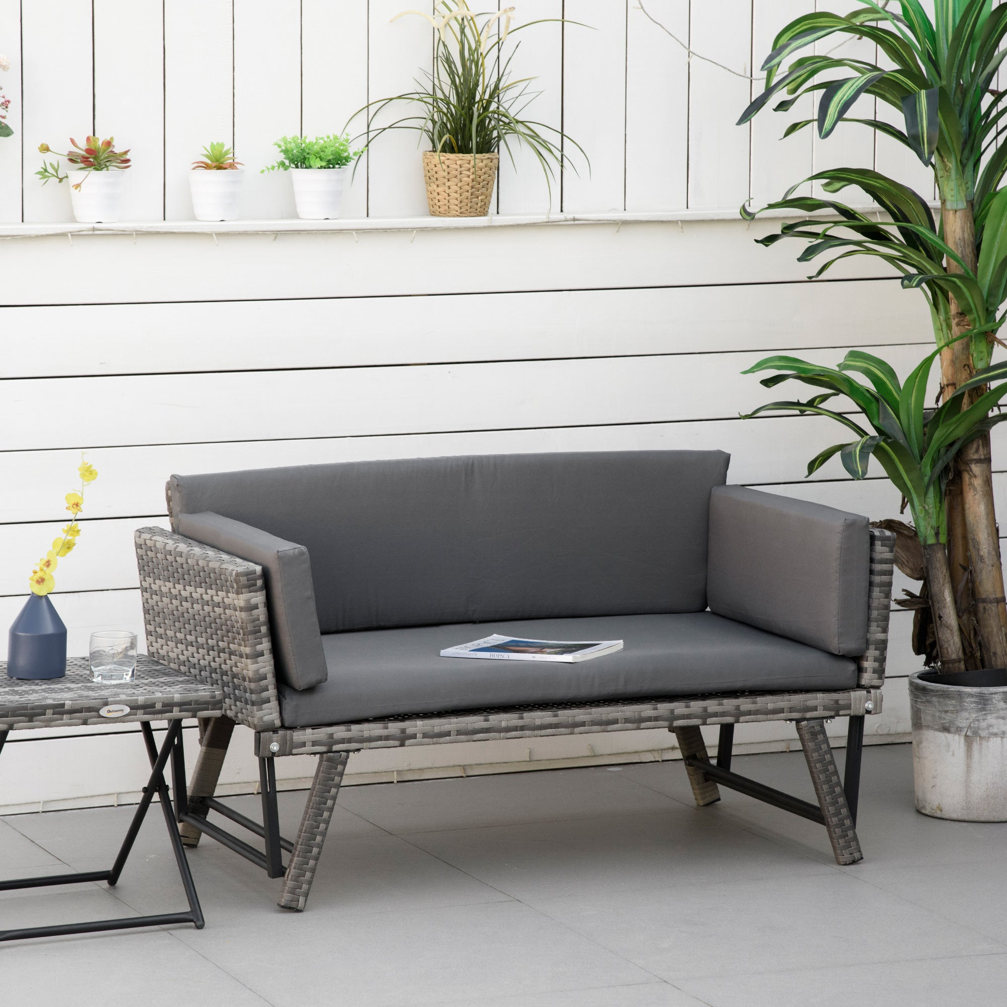 Poly Rattan Garden Sofa 2 Seater Outdoor Furniture Lounge Sofa Garden Bench Lounger with Foldable Armrests Steel Grey 129 x 63 x 67 cm