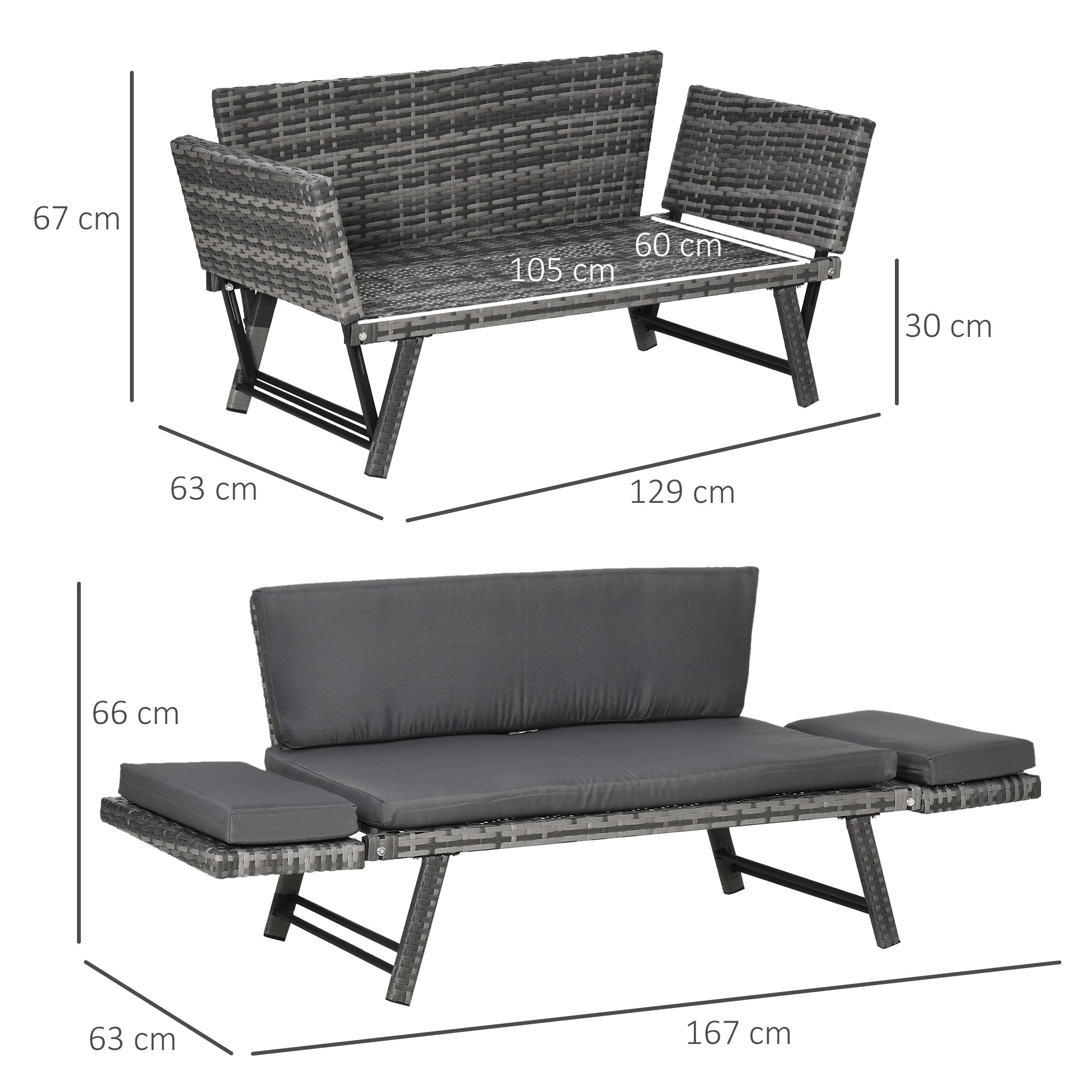 Poly Rattan Garden Sofa 2 Seater Outdoor Furniture Lounge Sofa Garden Bench Lounger with Foldable Armrests Steel Grey 129 x 63 x 67 cm