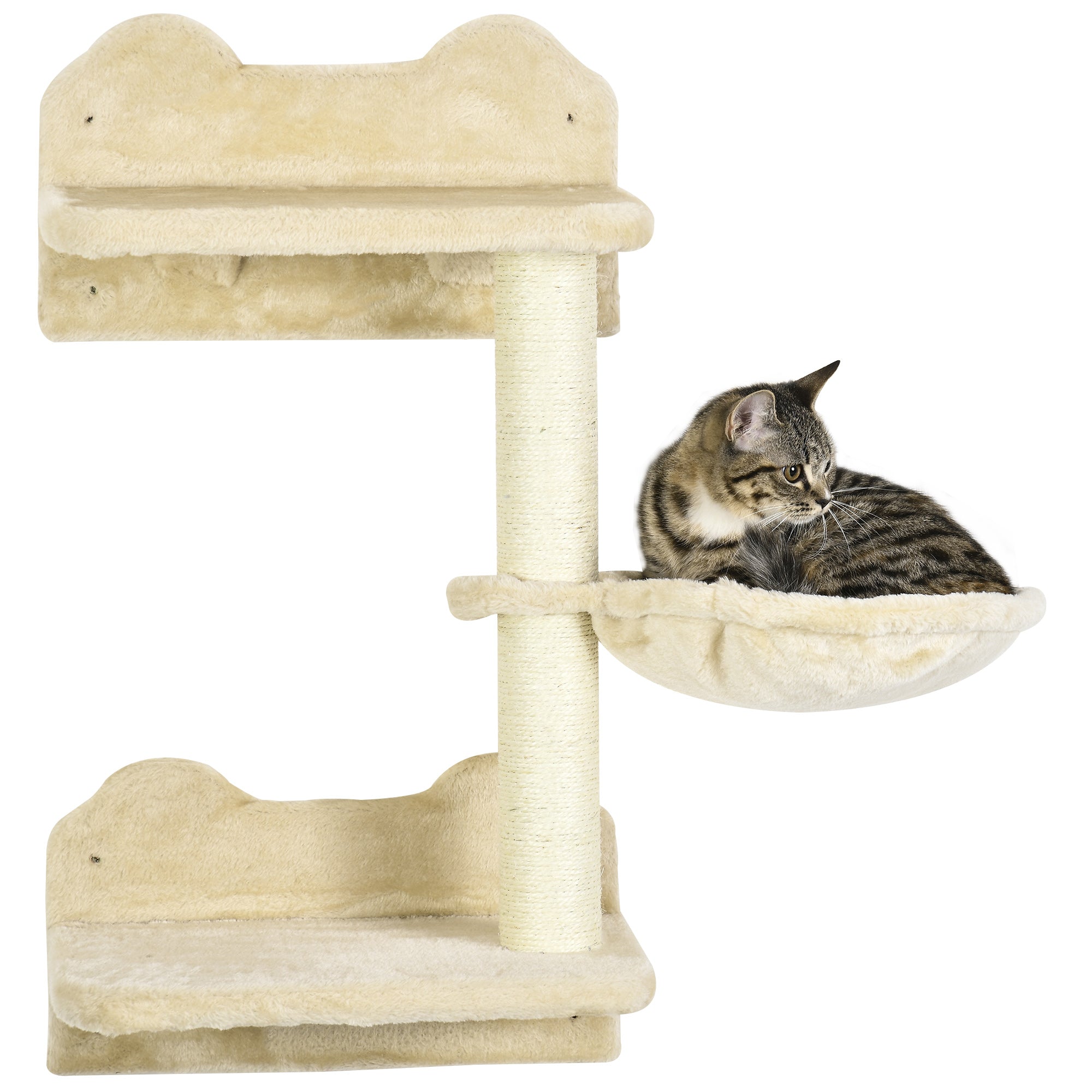 Cat Climbing Wall, 4-piece, Cat Climbing Wall, incl. 1 x Jump Tower, 3 x Scratching Posts, Climbing Wall Set, Scratching Post with Hammock, Wall Perch Cats, Cat Staircase, Sisal, Beige+Cream White