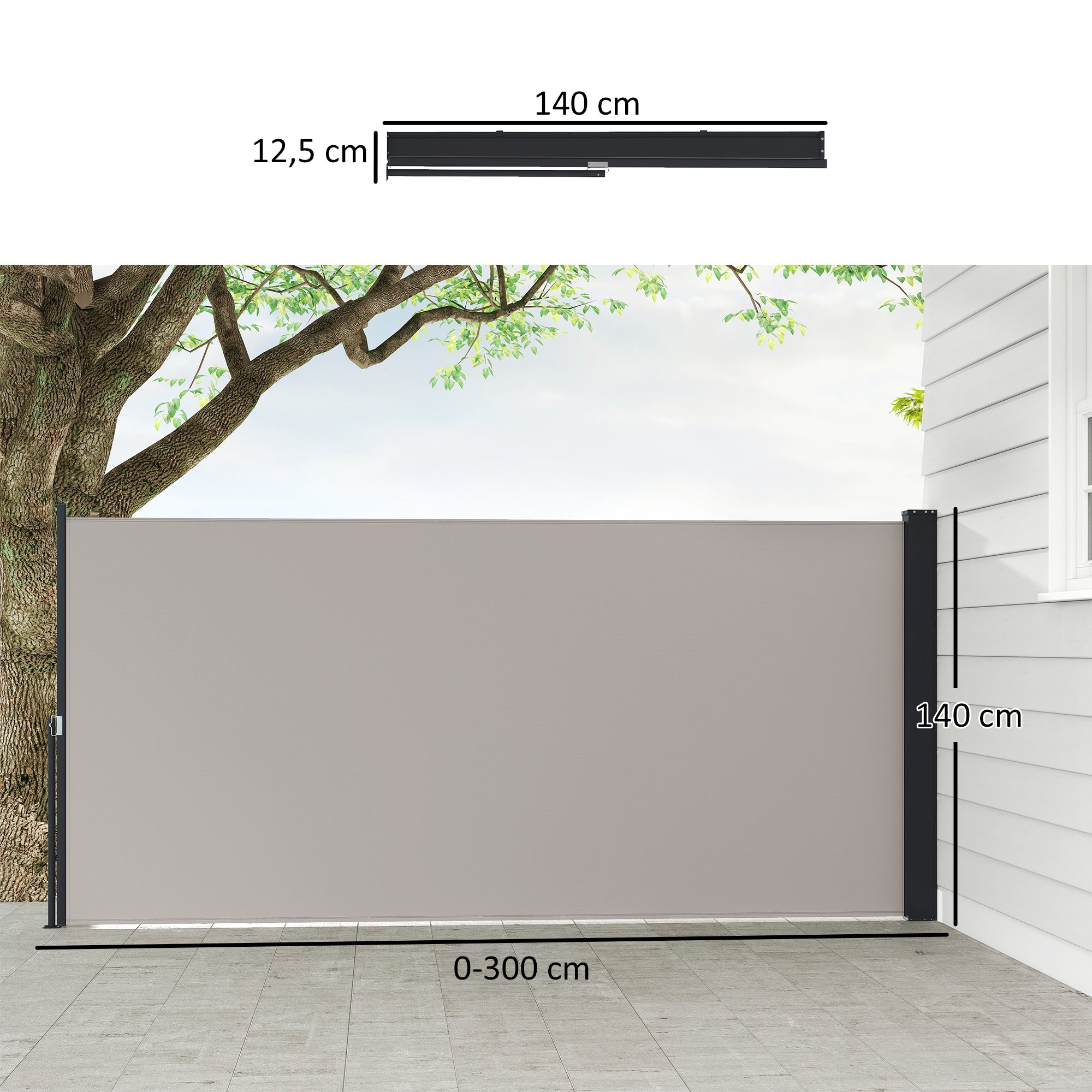 Retractable Side Awning Privacy Screen with Wall Mount Steel Box Waterproof Side Wall Awning Wind Protection Sun Protection 300 x 140cm for Balcony Terrace Garden Grey