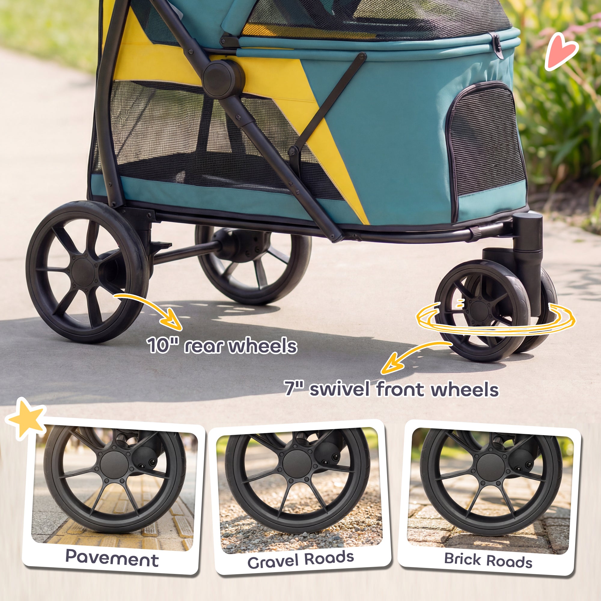 Foldable Dog Stroller / Pet Buggy — For Cats & Dogs up to 44 lb with Cushion, Mesh Windows, Rear Pocket, 360° Swivel Wheels with Brake, Door — Medium Dogs, Dark Green