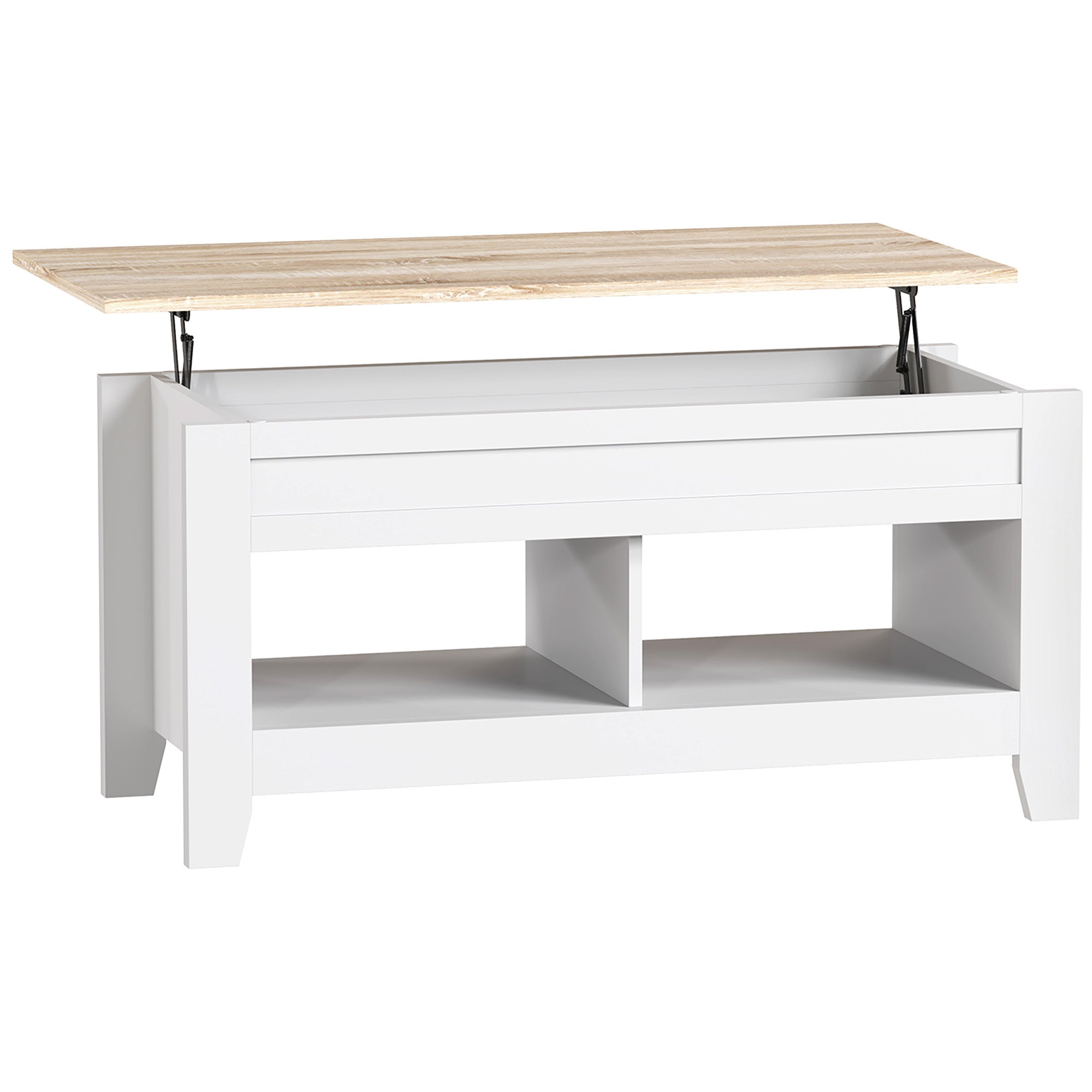 Lift-Top Coffee Table with Lift-Up Countertop, 2 Open Compartments and Hidden Storage Space 105x50x49 cm White and Natural