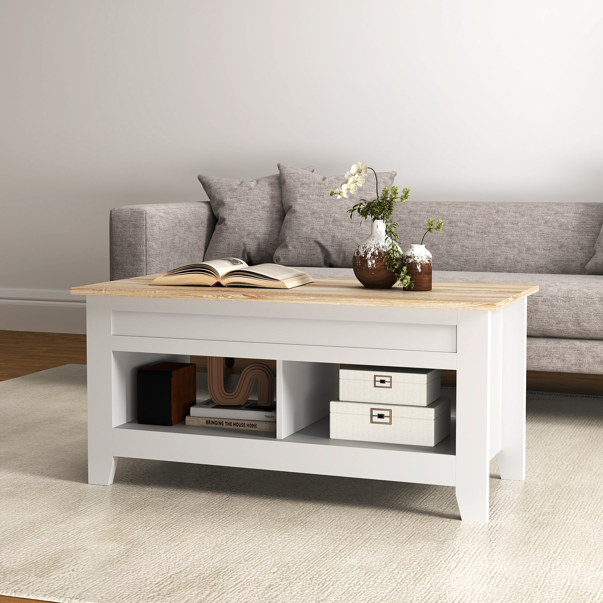 Lift-Top Coffee Table with Lift-Up Countertop, 2 Open Compartments and Hidden Storage Space 105x50x49 cm White and Natural