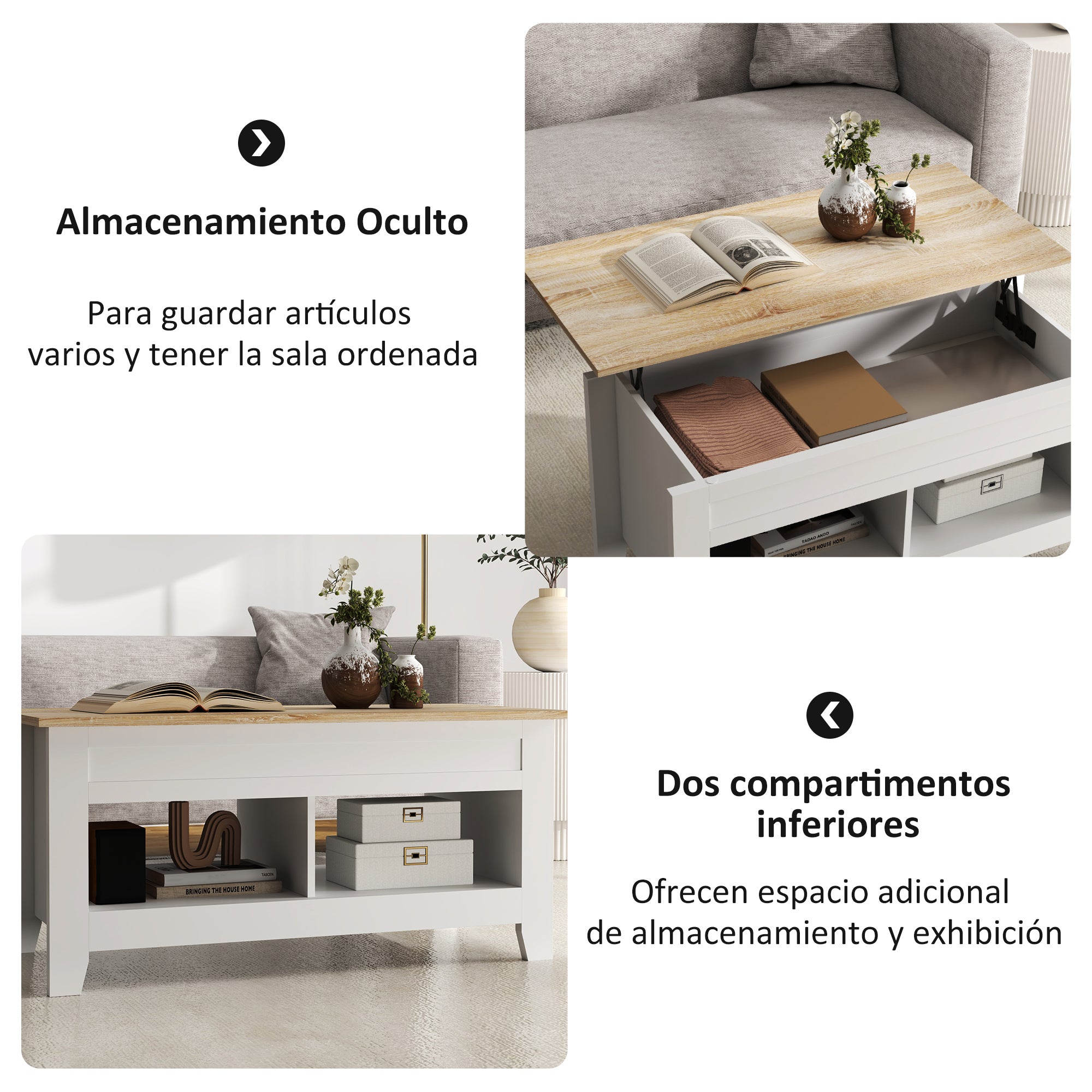 Lift-Top Coffee Table with Lift-Up Countertop, 2 Open Compartments and Hidden Storage Space 105x50x49 cm White and Natural