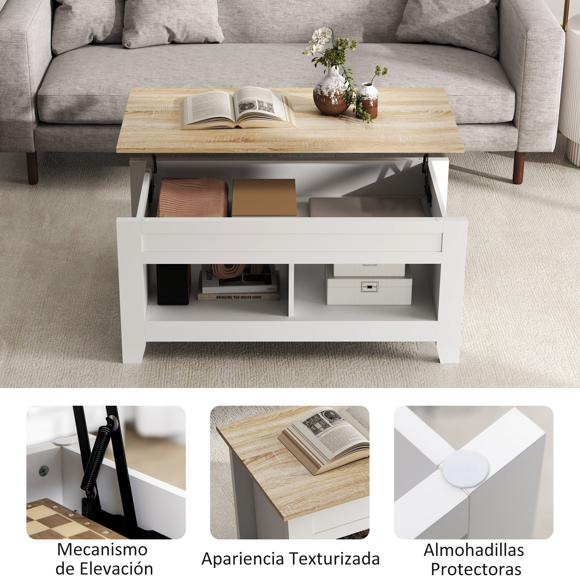 Lift-Top Coffee Table with Lift-Up Countertop, 2 Open Compartments and Hidden Storage Space 105x50x49 cm White and Natural