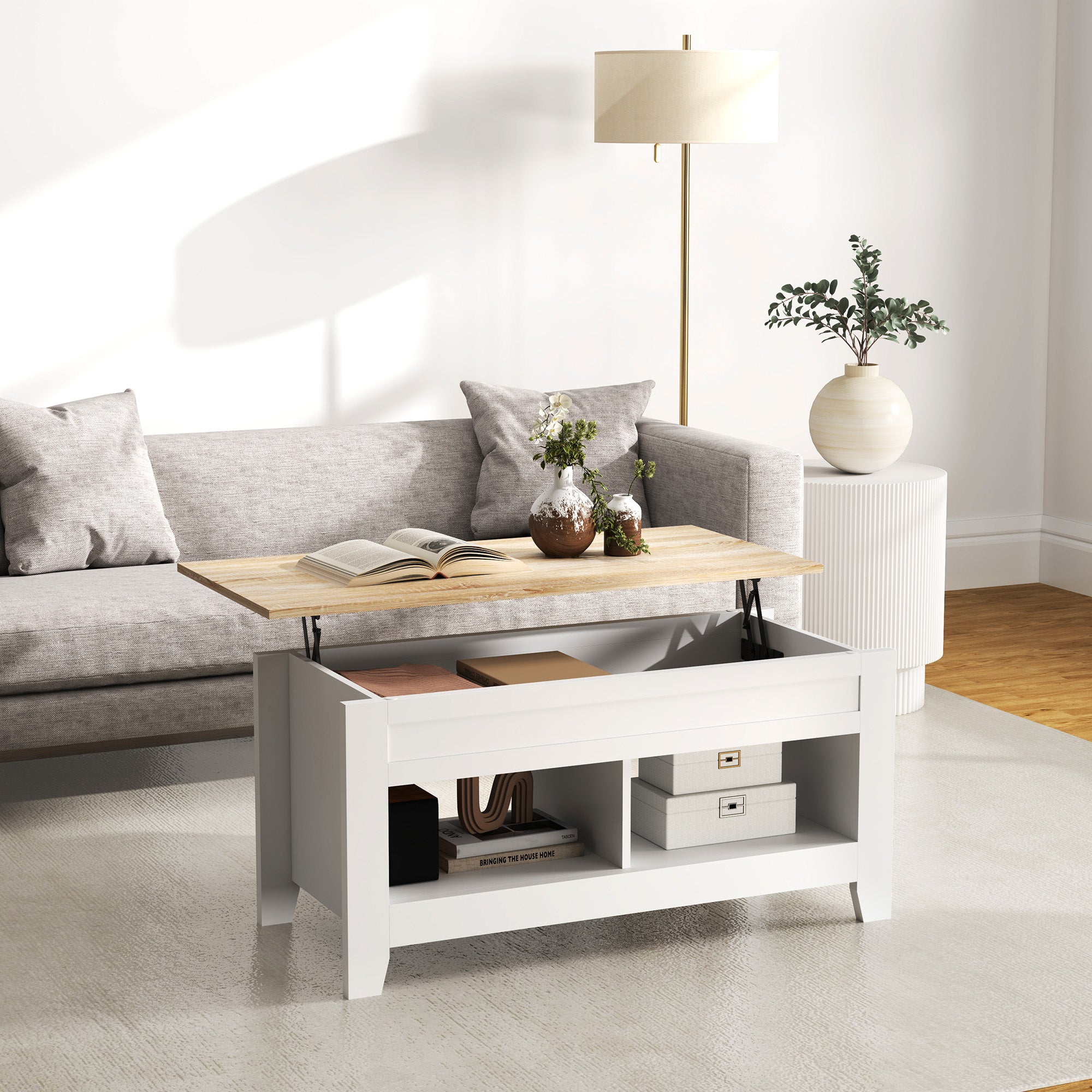 Lift-Top Coffee Table with Lift-Up Countertop, 2 Open Compartments and Hidden Storage Space 105x50x49 cm White and Natural