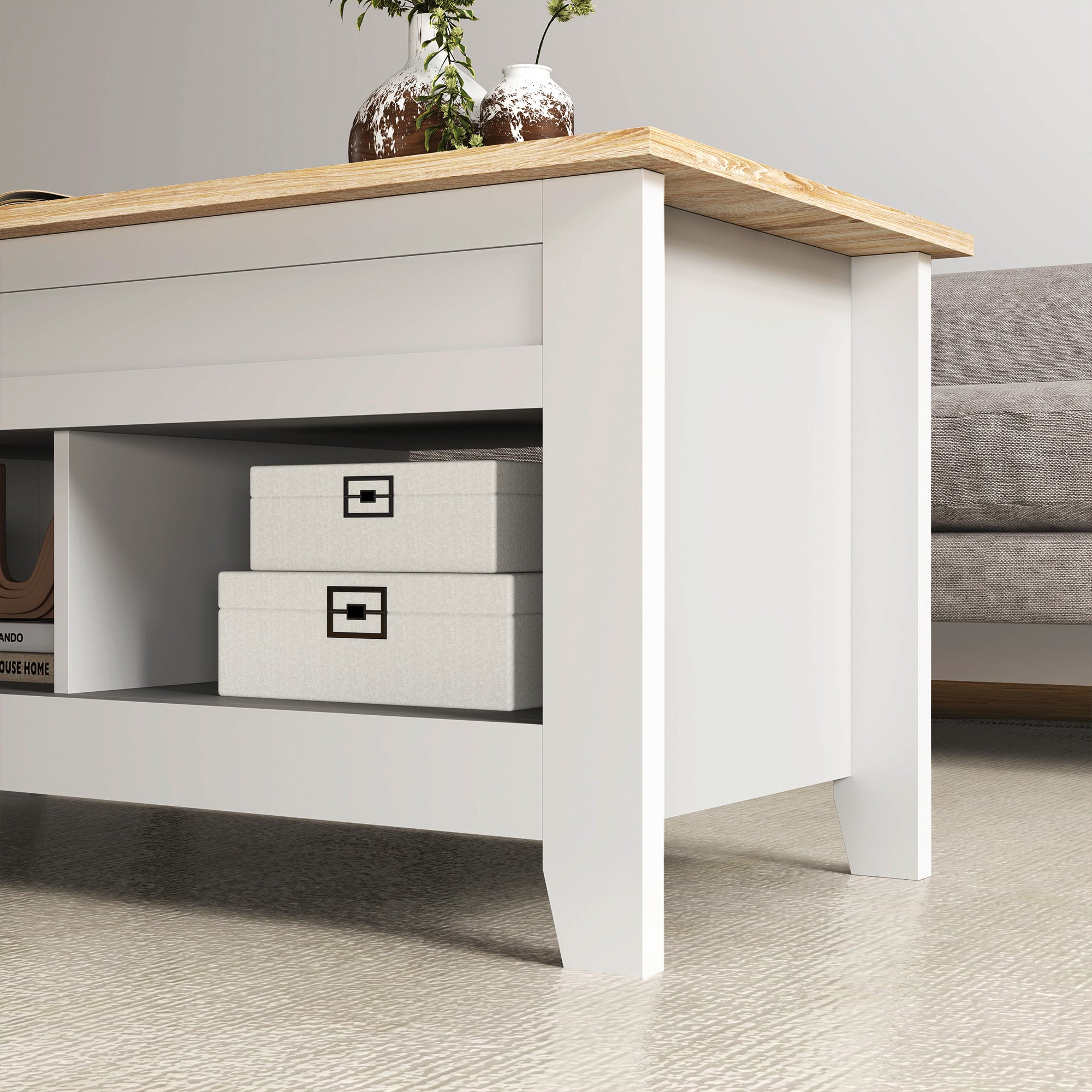 Lift-Top Coffee Table with Lift-Up Countertop, 2 Open Compartments and Hidden Storage Space 105x50x49 cm White and Natural