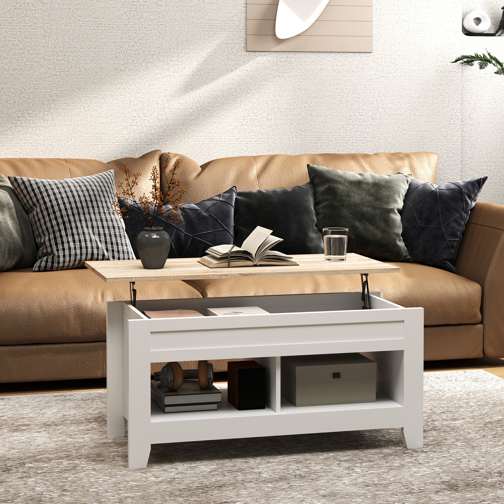 Lift-Top Coffee Table with Lift-Up Countertop, 2 Open Compartments and Hidden Storage Space 105x50x49 cm White and Natural