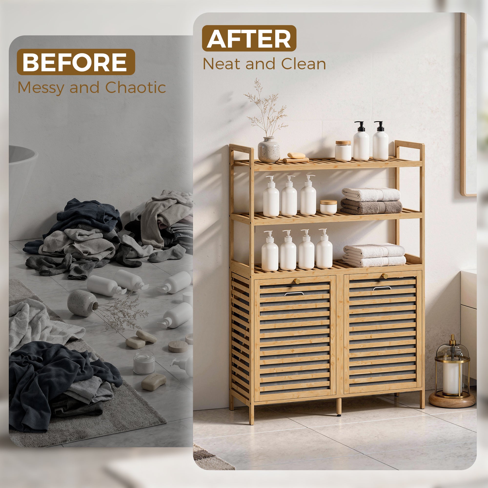 Bamboo Bathroom Cabinet with Laundry Hampers — 3-Tier Storage with 2 Removable Fabric Baskets, 31.5 x 11.8 x 46.5 in (80 x 30 x 118 cm), Oak
