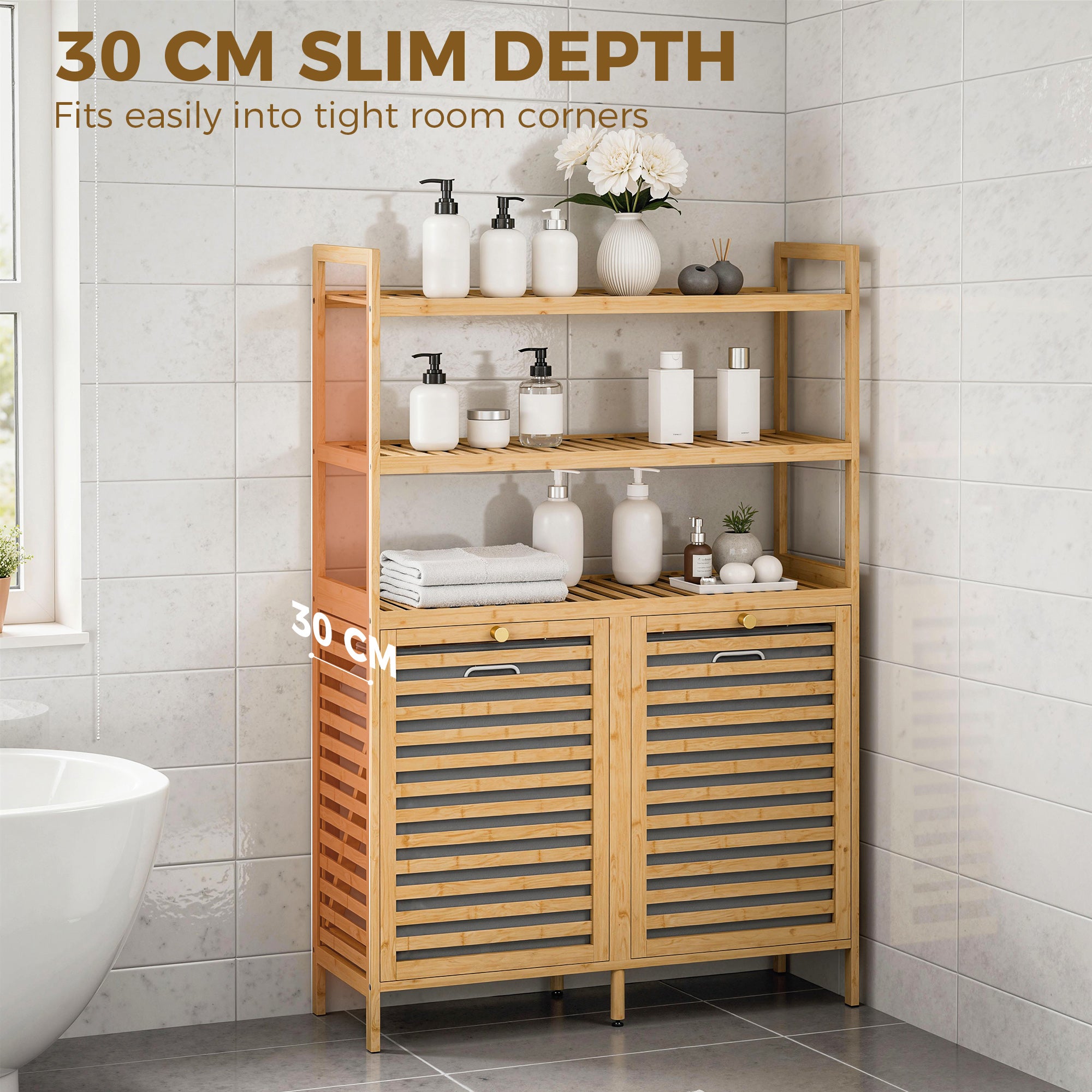 Bamboo Bathroom Cabinet with Laundry Hampers — 3-Tier Storage with 2 Removable Fabric Baskets, 31.5 x 11.8 x 46.5 in (80 x 30 x 118 cm), Oak