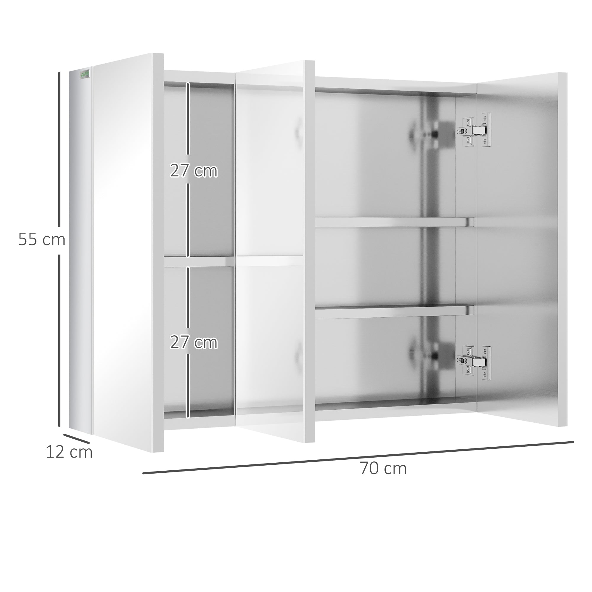 Mirrored Cabinet, Bathroom Cabinet with 3 Glass Doors, Hanging Cabinet, Storage Cabinet with 5 Shelves, Bathroom Cabinet, Wall Cabinet, Stainless Steel, Silver, 70 x 12 x 55 cm