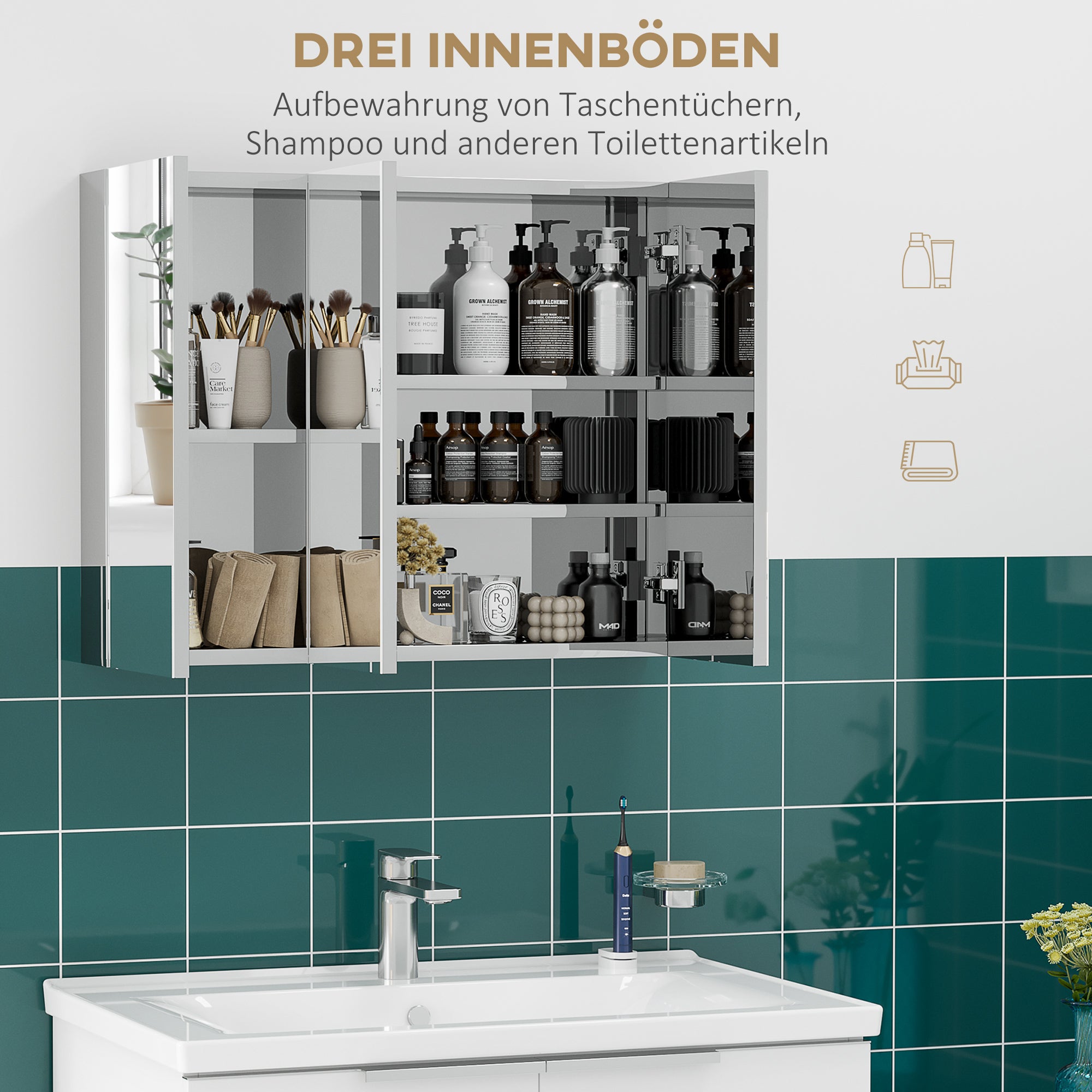 Mirrored Cabinet, Bathroom Cabinet with 3 Glass Doors, Hanging Cabinet, Storage Cabinet with 5 Shelves, Bathroom Cabinet, Wall Cabinet, Stainless Steel, Silver, 70 x 12 x 55 cm