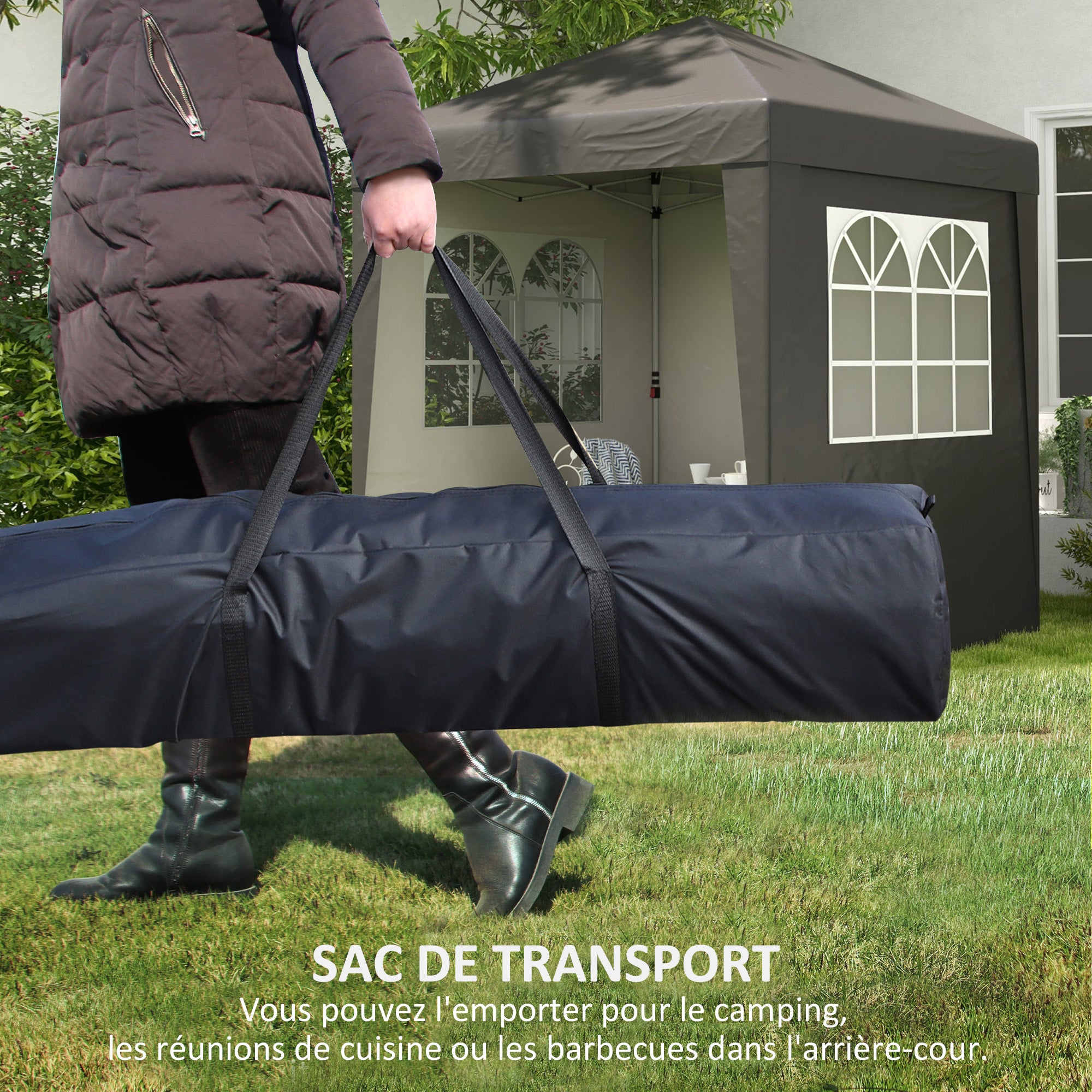 Folding Pop-up Garden Gazebo 2 x 2 m Adjustable Height Event Canopy 3 Levels Anti-UV 30+ 3 Side Walls with 4 Sandbags and 1 Carrying Bag Oxford Fabric Gray Steel