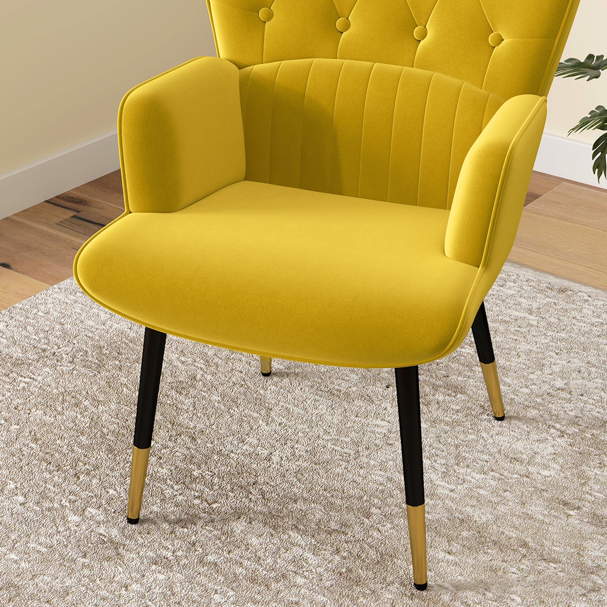 Single Armchair for Bedroom Living Room Upholstered in Velvet with High Backrest Armrests and Steel Legs Modern Style 68x72x103 cm Yellow