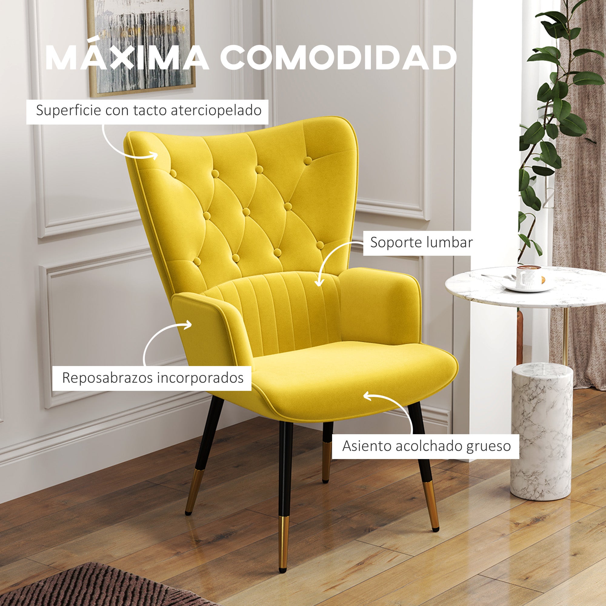 Single Armchair for Bedroom Living Room Upholstered in Velvet with High Backrest Armrests and Steel Legs Modern Style 68x72x103 cm Yellow