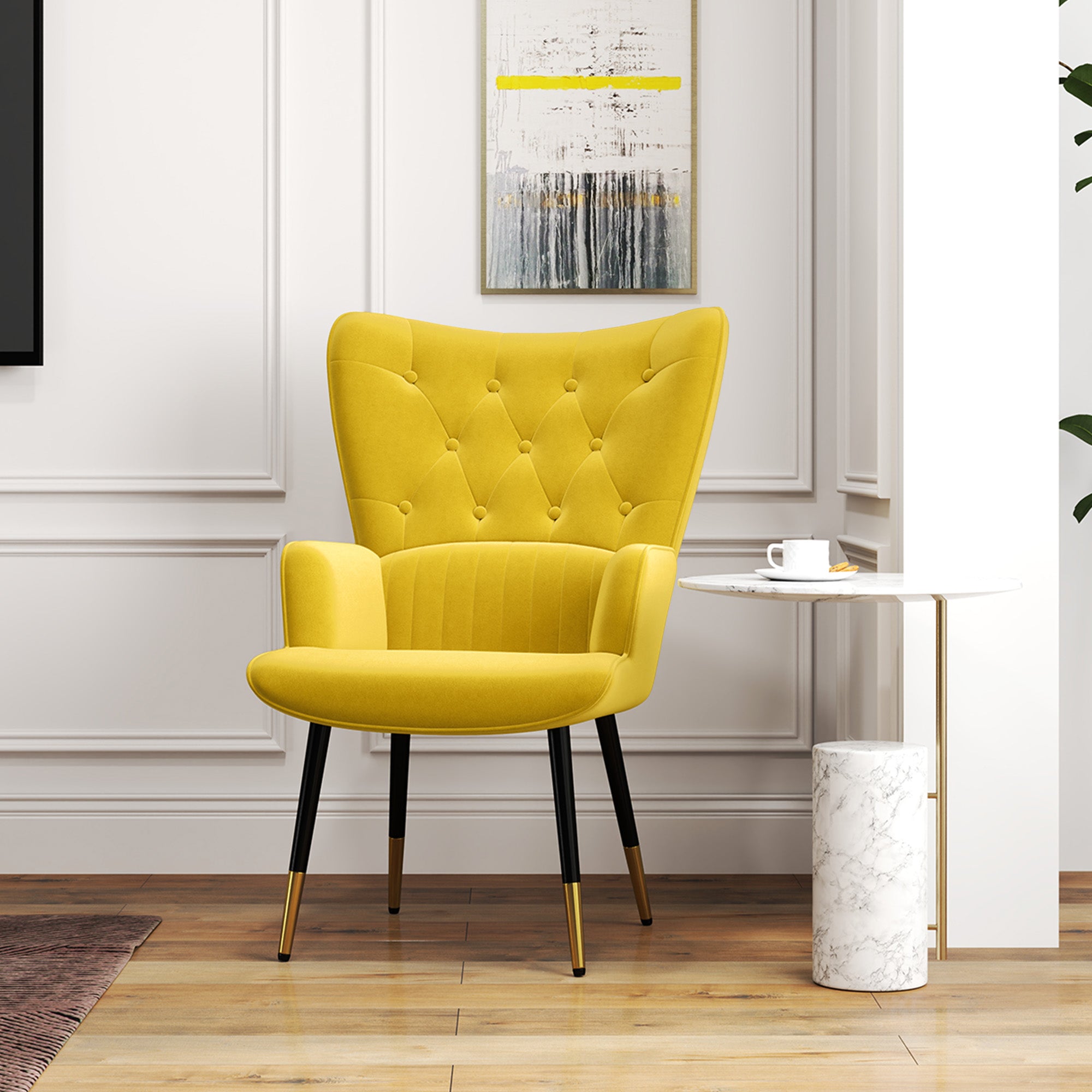 Single Armchair for Bedroom Living Room Upholstered in Velvet with High Backrest Armrests and Steel Legs Modern Style 68x72x103 cm Yellow