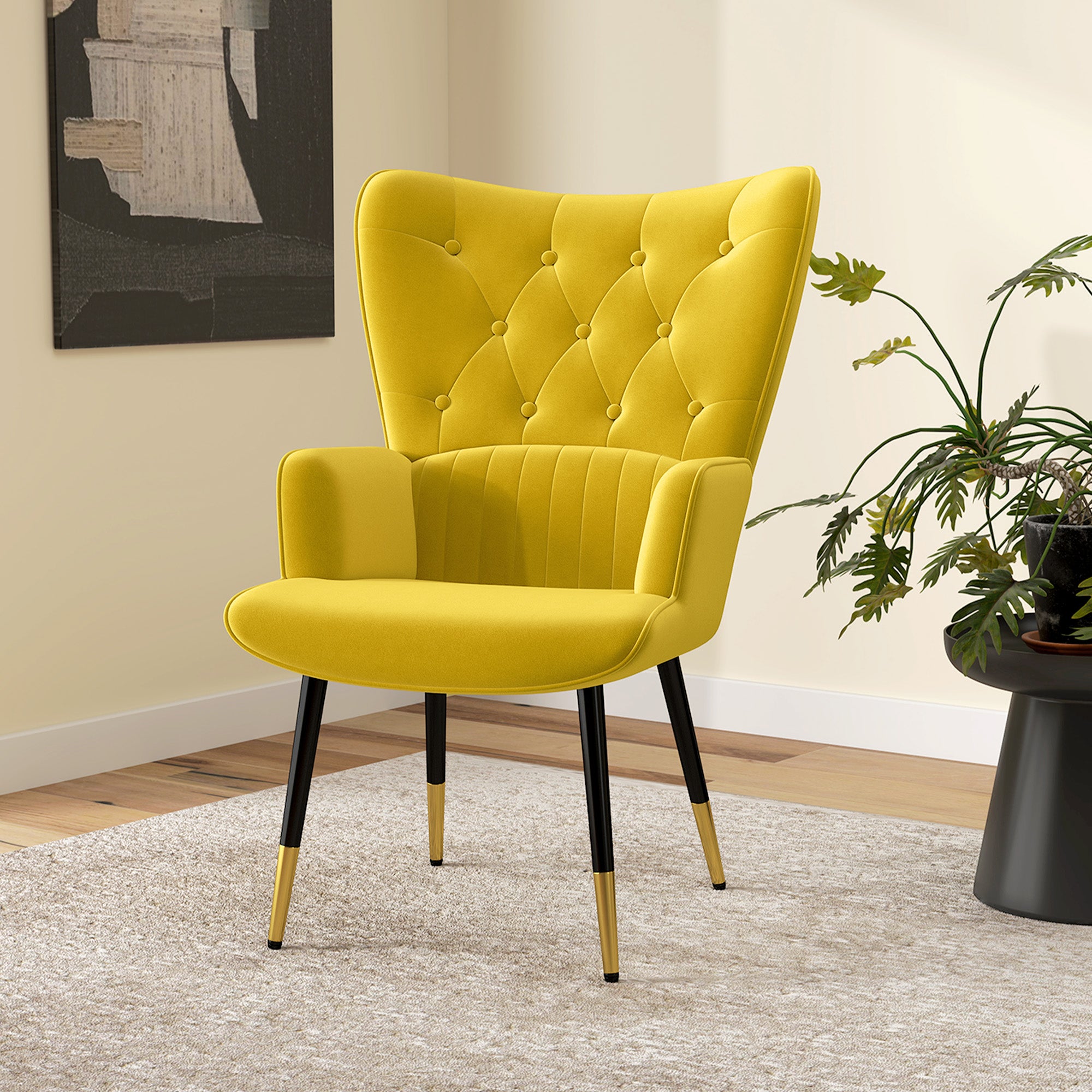 Single Armchair for Bedroom Living Room Upholstered in Velvet with High Backrest Armrests and Steel Legs Modern Style 68x72x103 cm Yellow