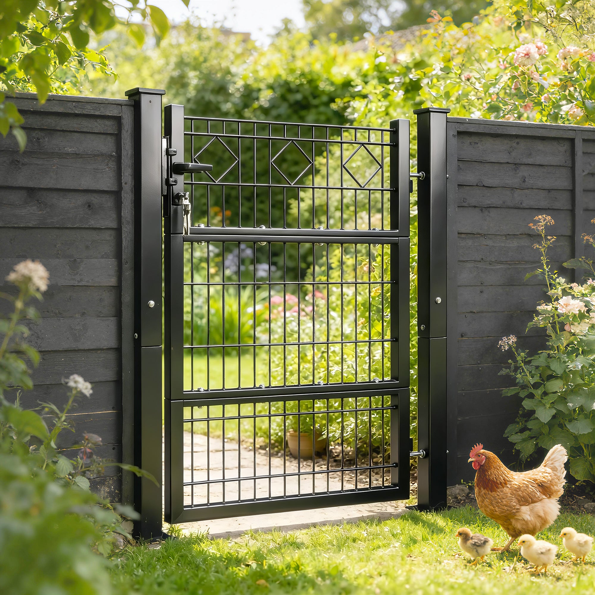 Galvanized Metal Garden Gate 39.4 x 51.6 in with Handle, Lock & 3 Keys, 2 Posts - Dark Gray
