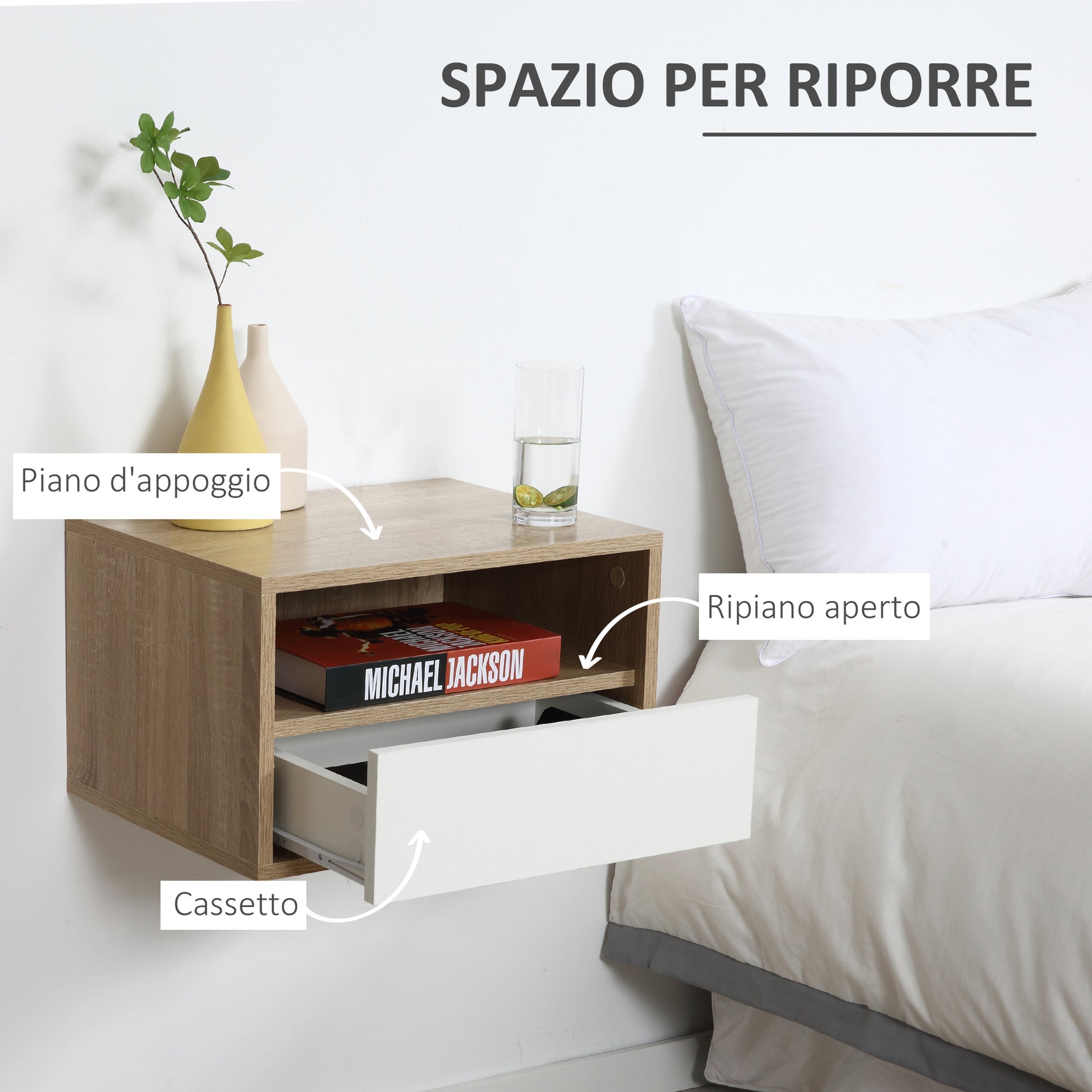 Set of 2 Suspended Bedside Tables in Wood with Drawer and Open Shelf, Modern Design 45x35x27.5cm, White and Wood Color