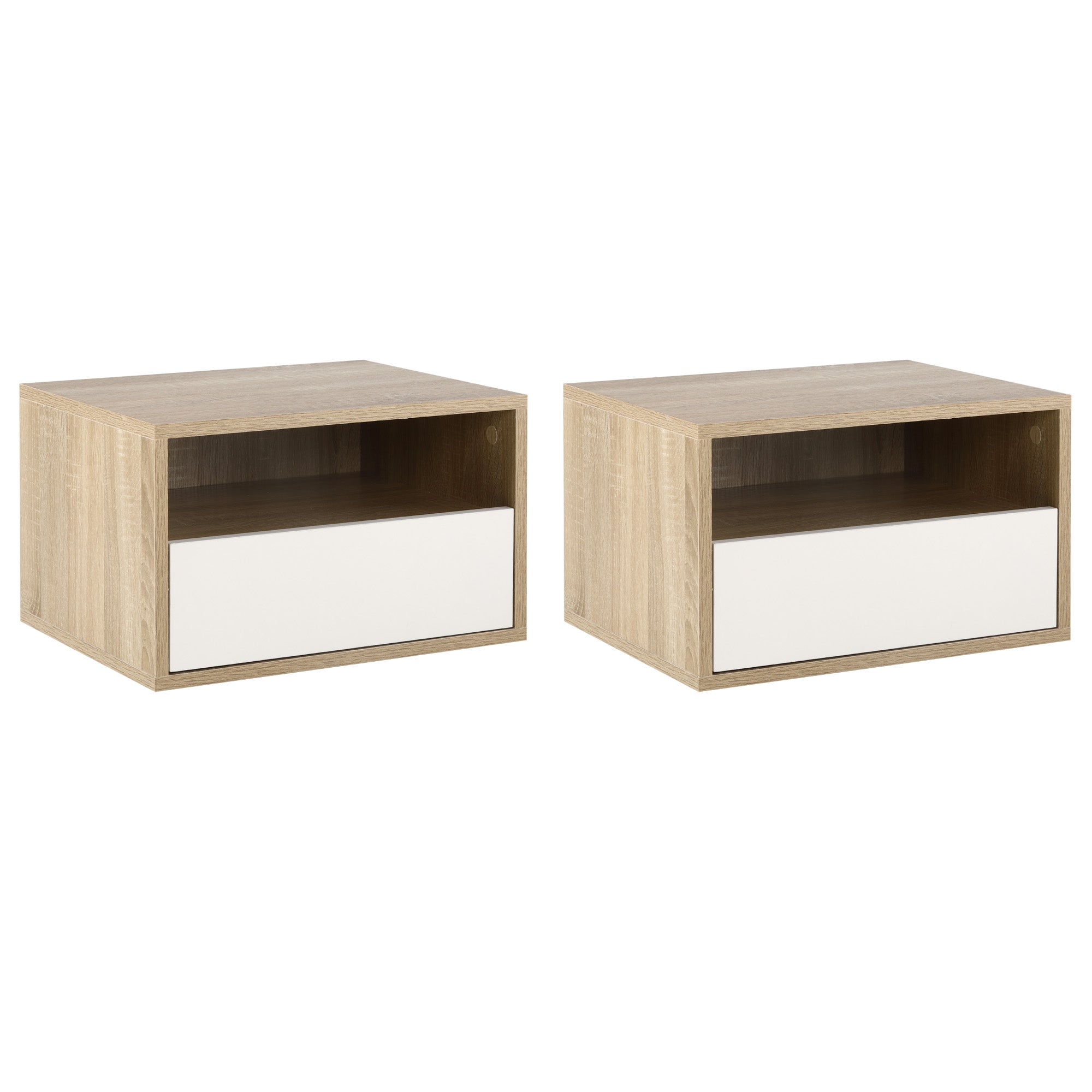 Set of 2 Suspended Bedside Tables in Wood with Drawer and Open Shelf, Modern Design 45x35x27.5cm, White and Wood Color