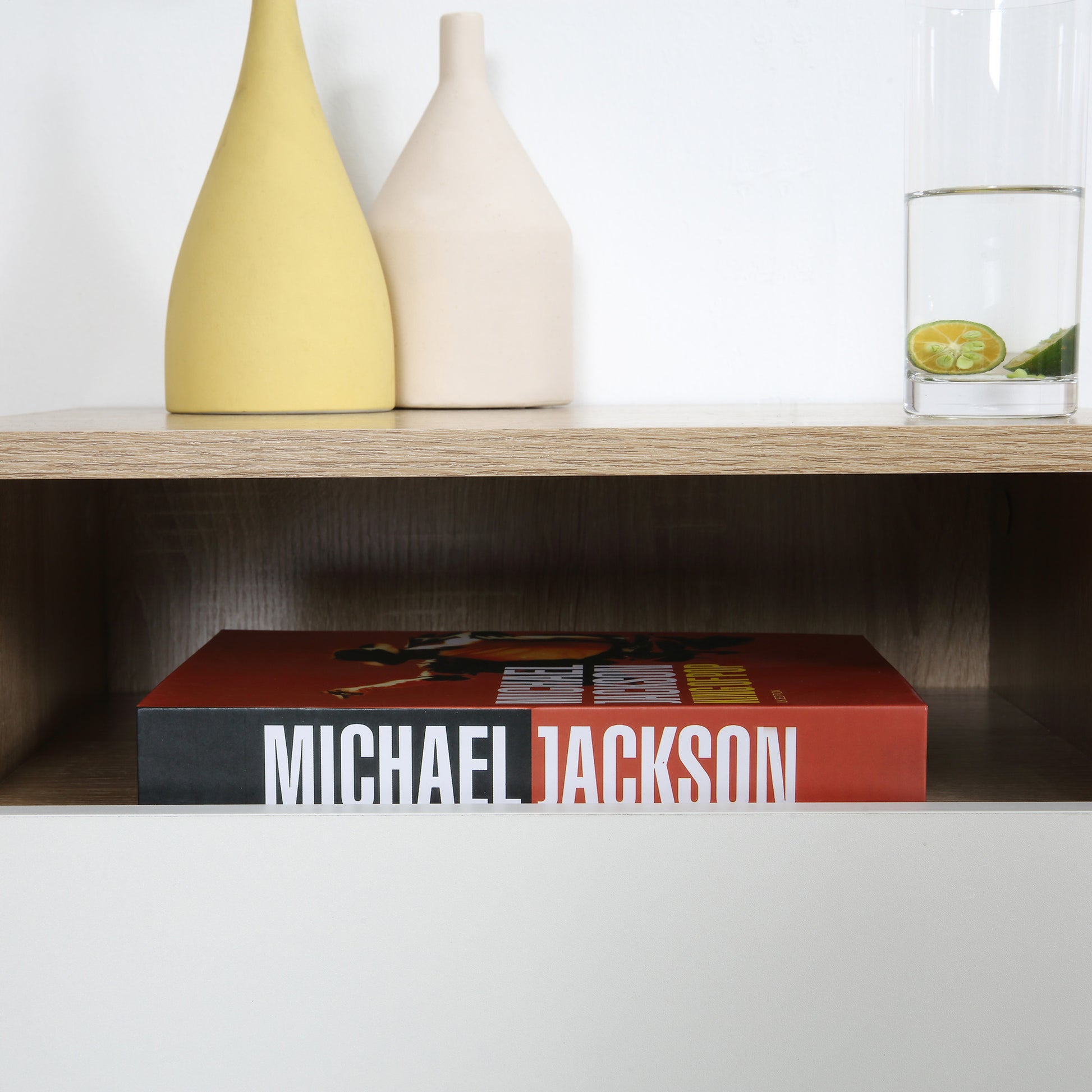 Set of 2 Suspended Bedside Tables in Wood with Drawer and Open Shelf, Modern Design 45x35x27.5cm, White and Wood Color