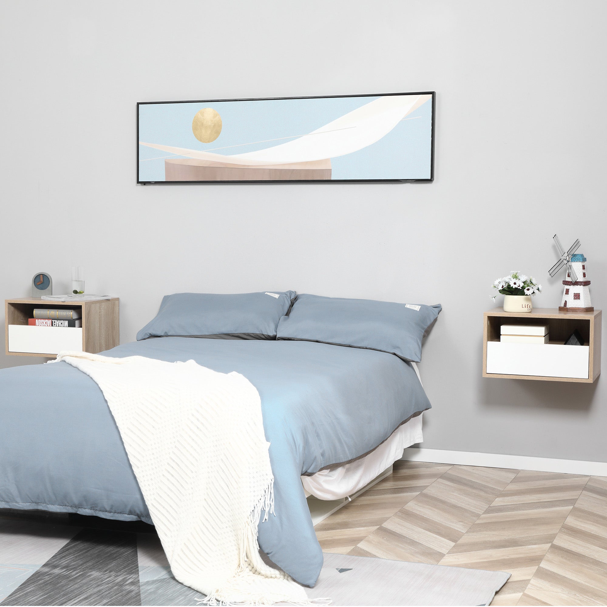 Set of 2 Suspended Bedside Tables in Wood with Drawer and Open Shelf, Modern Design 45x35x27.5cm, White and Wood Color