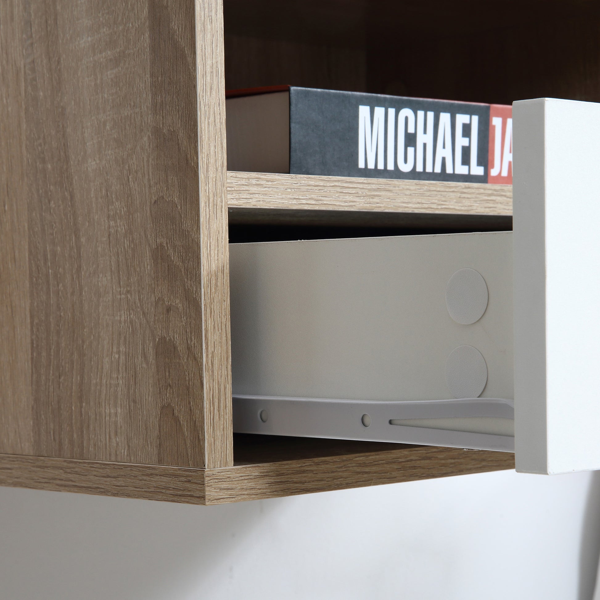 Set of 2 Suspended Bedside Tables in Wood with Drawer and Open Shelf, Modern Design 45x35x27.5cm, White and Wood Color