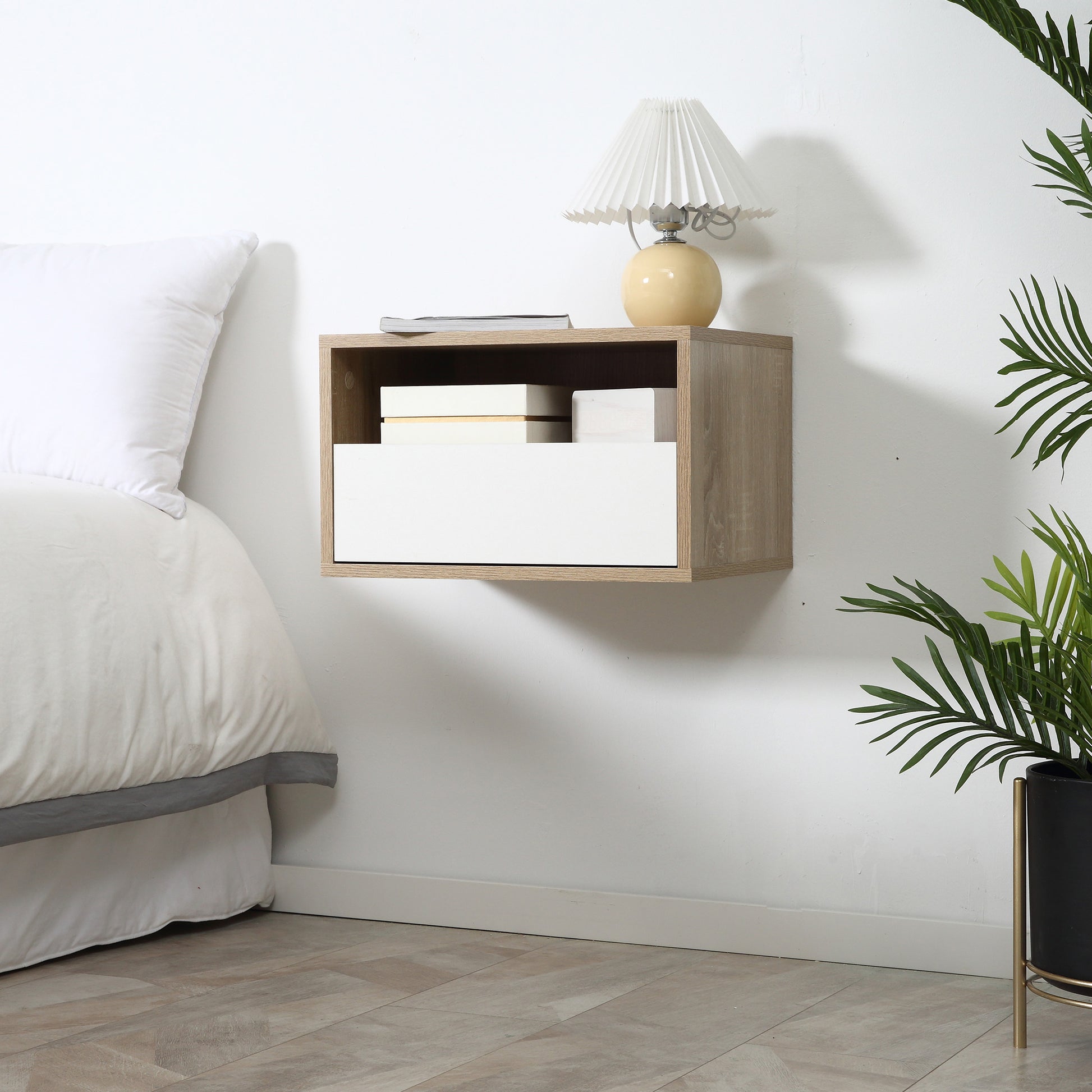 Set of 2 Suspended Bedside Tables in Wood with Drawer and Open Shelf, Modern Design 45x35x27.5cm, White and Wood Color
