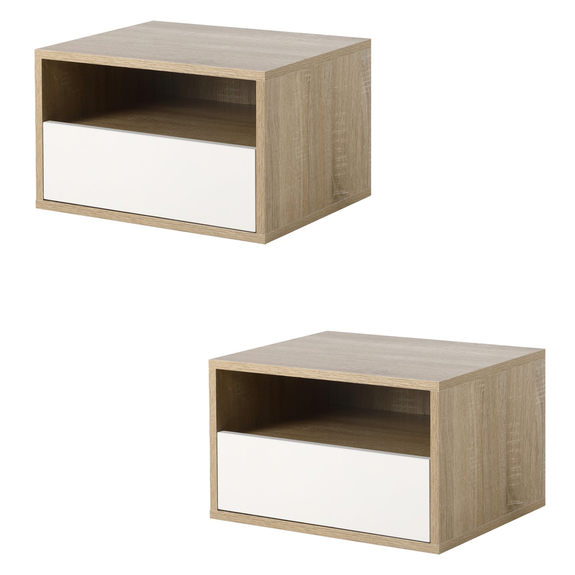 Set of 2 Suspended Bedside Tables in Wood with Drawer and Open Shelf, Modern Design 45x35x27.5cm, White and Wood Color