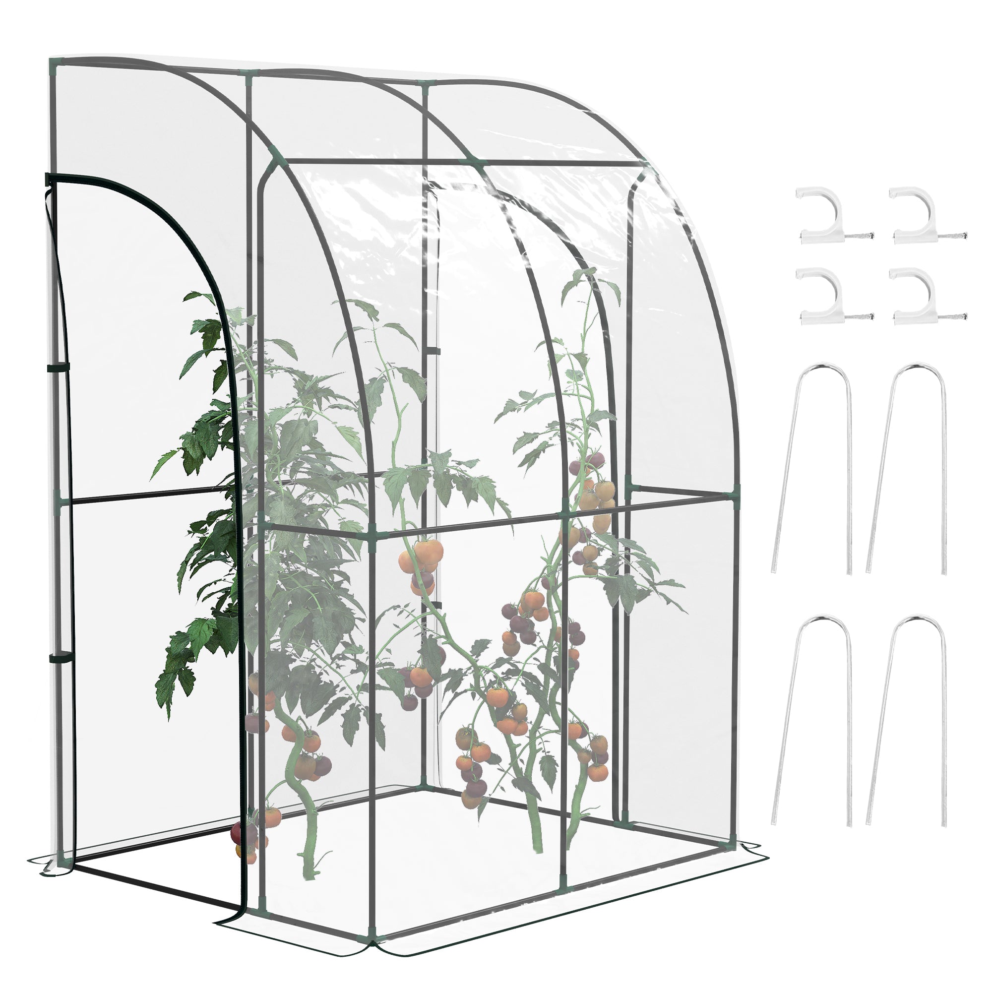 Lean-To Garden Greenhouse, Balcony Greenhouse, Reinforced PVC Tarpaulin, Steel Frame, 2 Roll-Up Zippered Doors, for Vegetables Plants Flowers, Indoor and Outdoor, 143x118x212cm, Transparent