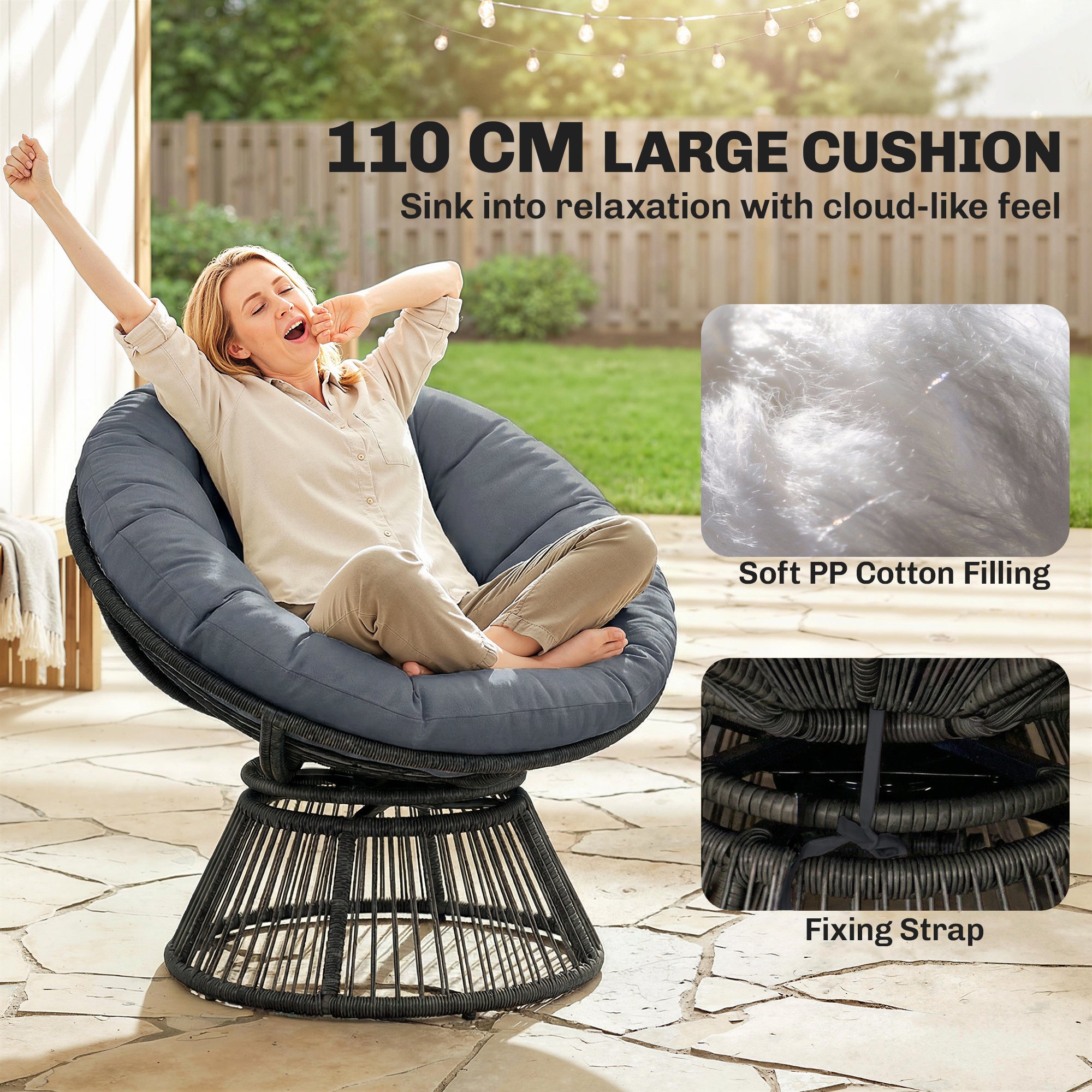 360° Swivel Papasan Chair — Round Polyrattan Lounger with Cushion, Steel Frame — Gray