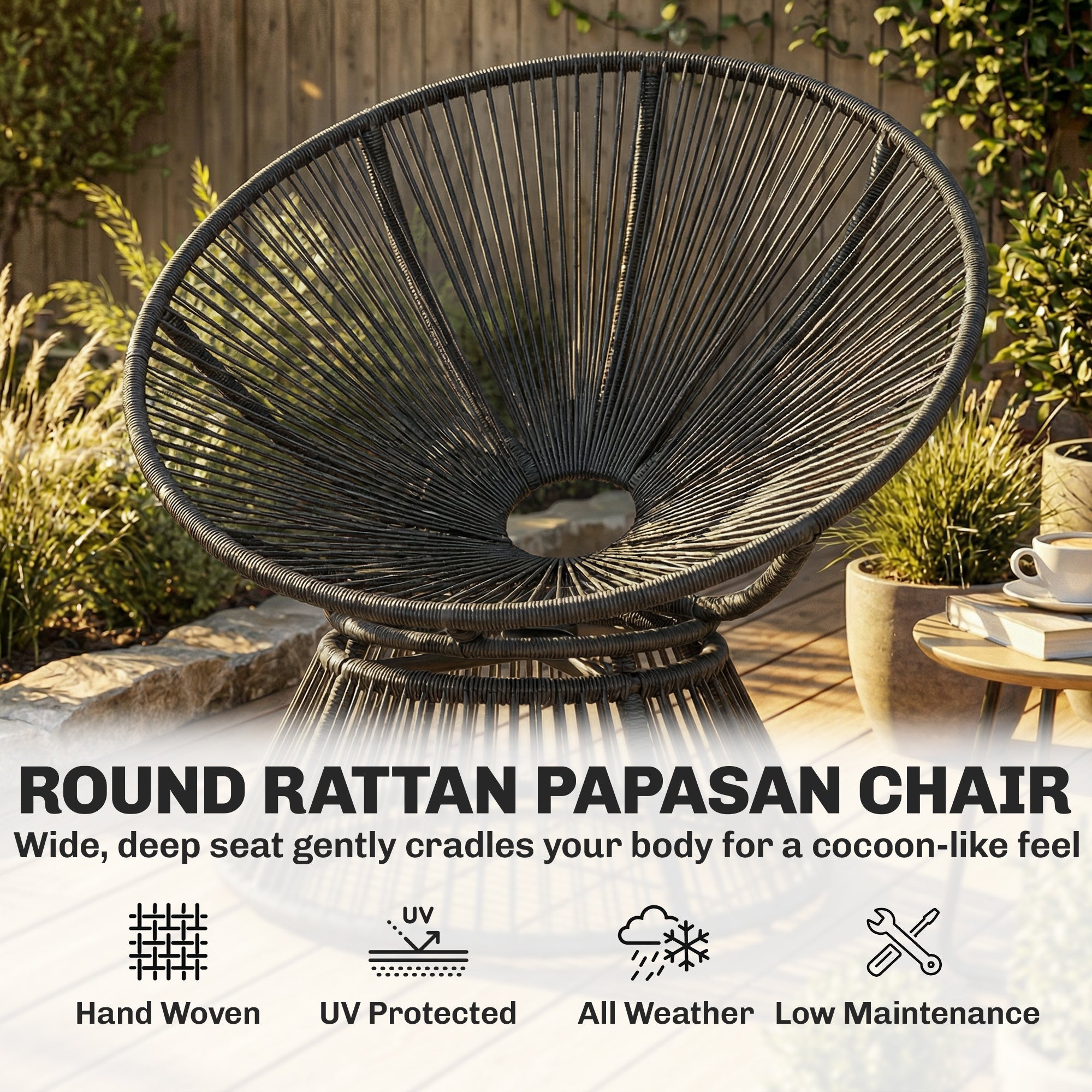 360° Swivel Papasan Chair — Round Polyrattan Lounger with Cushion, Steel Frame — Gray
